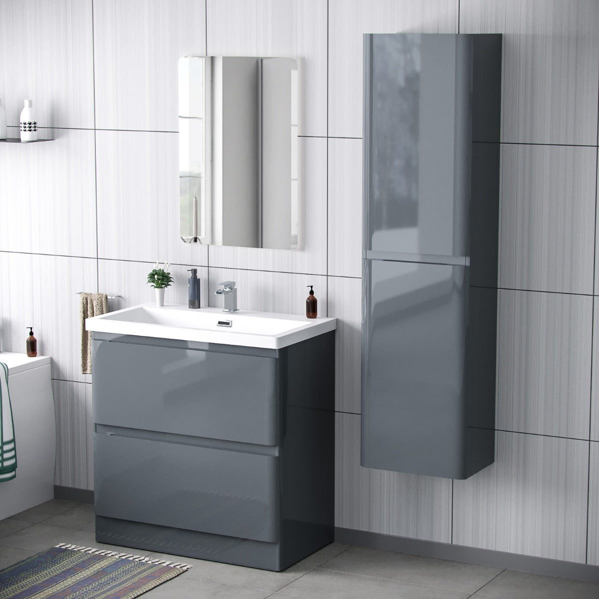 Alaska 800mm Floorstanding Vanity Basin Unit & Modern Tall Wall Hung Cabinet Dark Grey