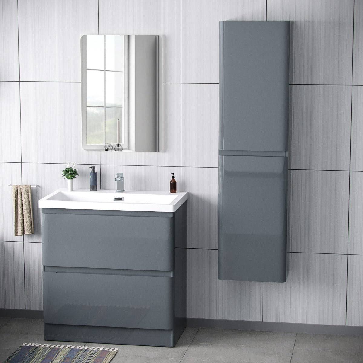 Alaska 800mm Floorstanding Vanity Basin Unit & Modern Tall Wall Hung Cabinet Dark Grey