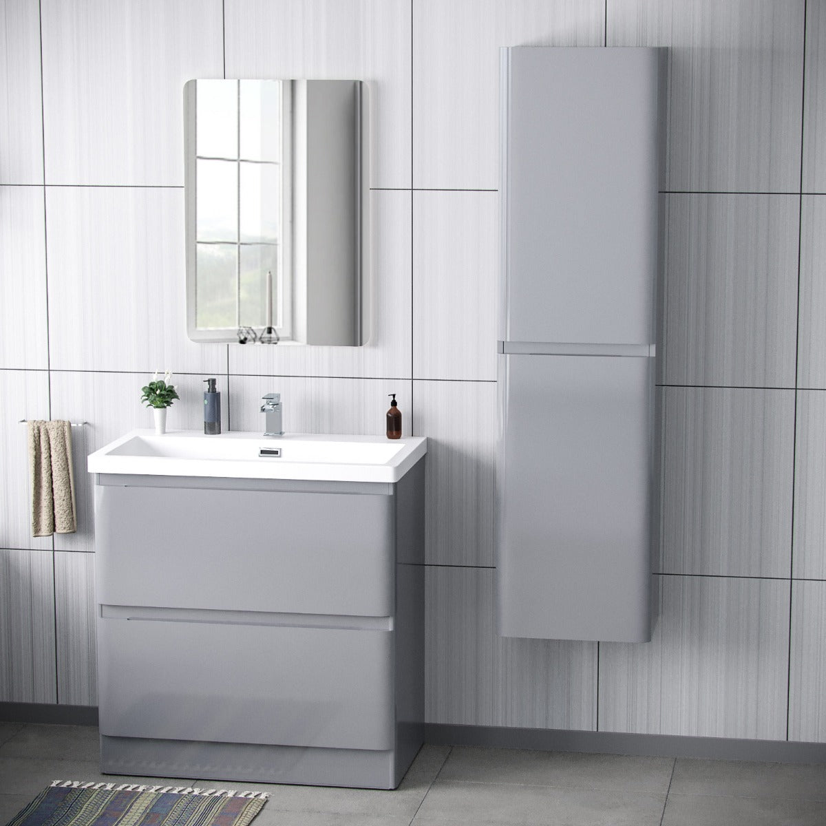 Alaska 800mm Floorstanding Vanity Basin Unit & Modern Tall Wall Hung Cabinet Grey