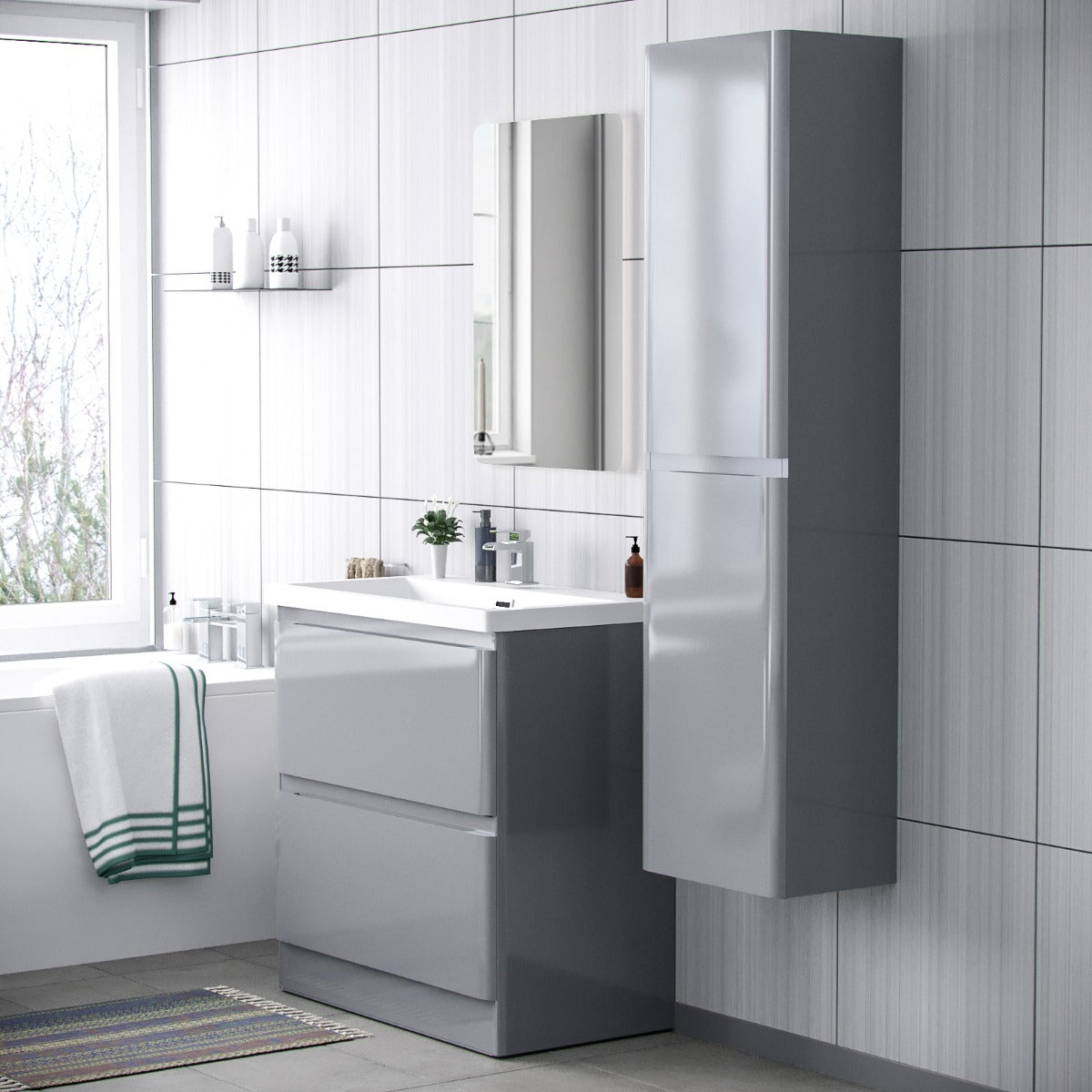 Alaska 800mm Floorstanding Vanity Basin Unit & Modern Tall Wall Hung Cabinet Grey