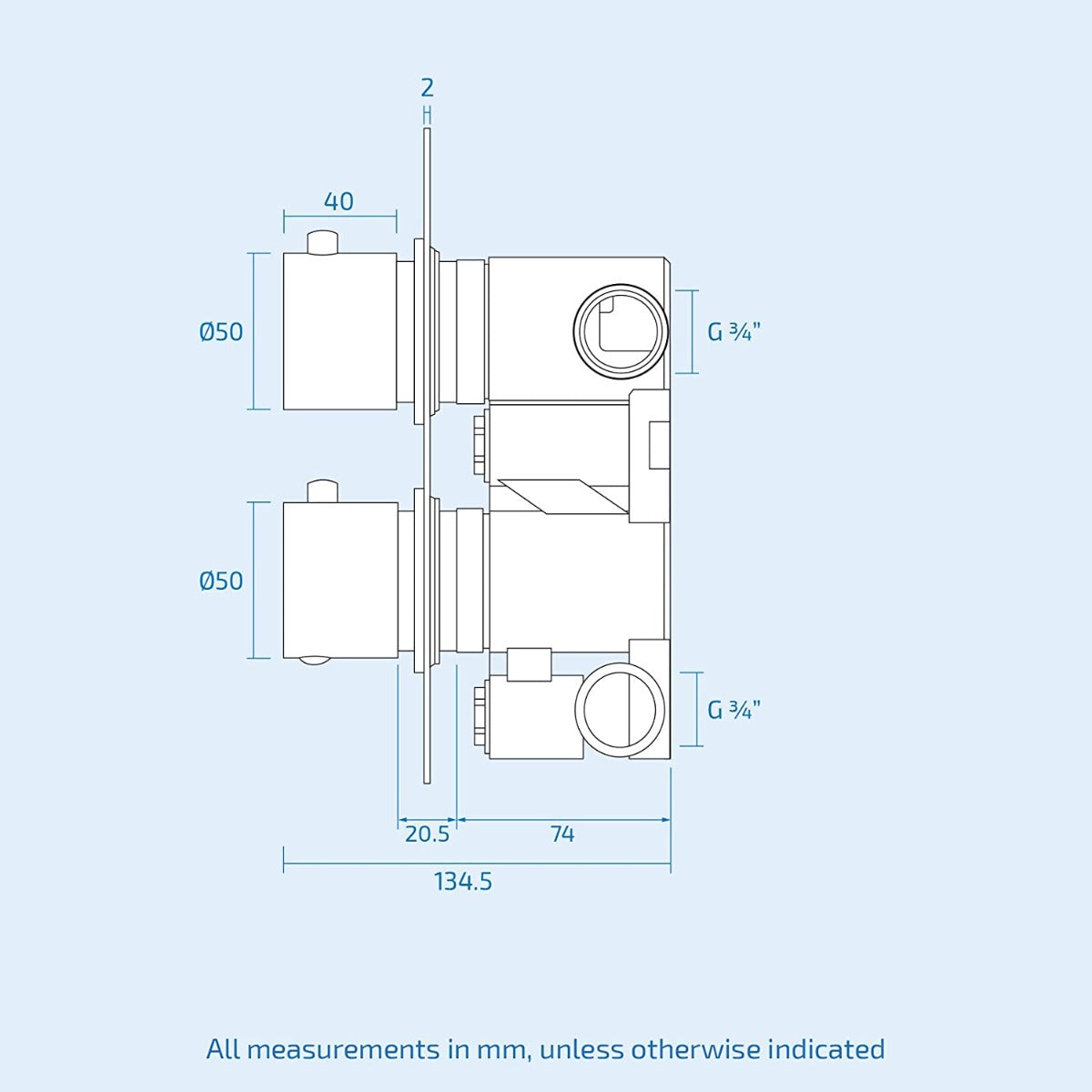 Lily Round Thermostatic Concealed Mixer Brass Valve 2 Dial 2 Outlet + 200mm Shower Head & Arm + Shower Handset & Bracket & Hose