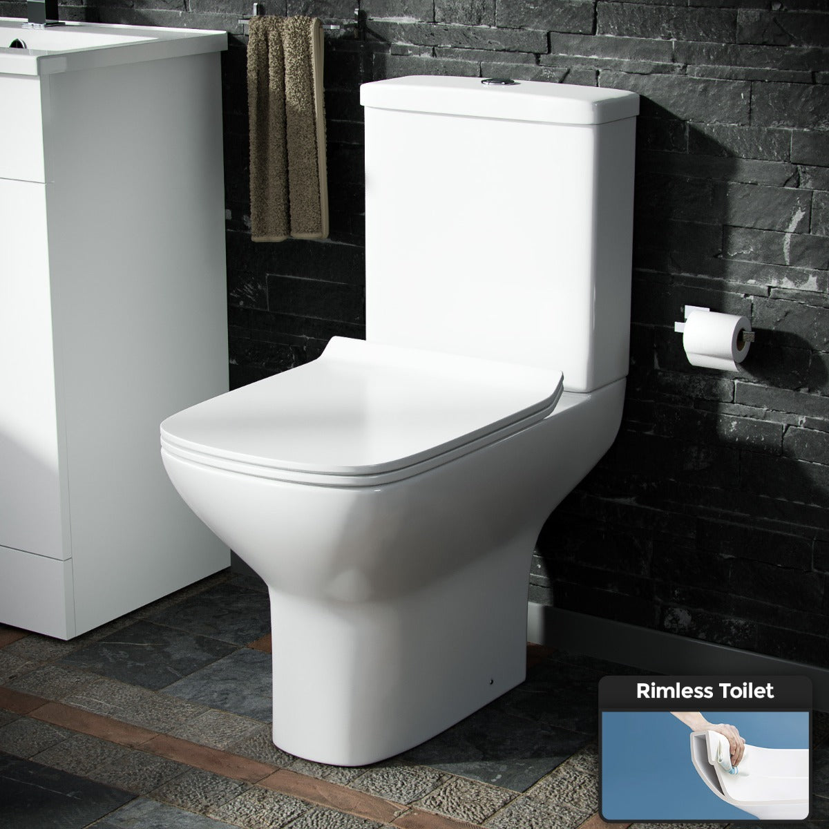 Ari Rimless Close Coupled WC Toilet Pan, Cistern and Slim Soft Close Seat
