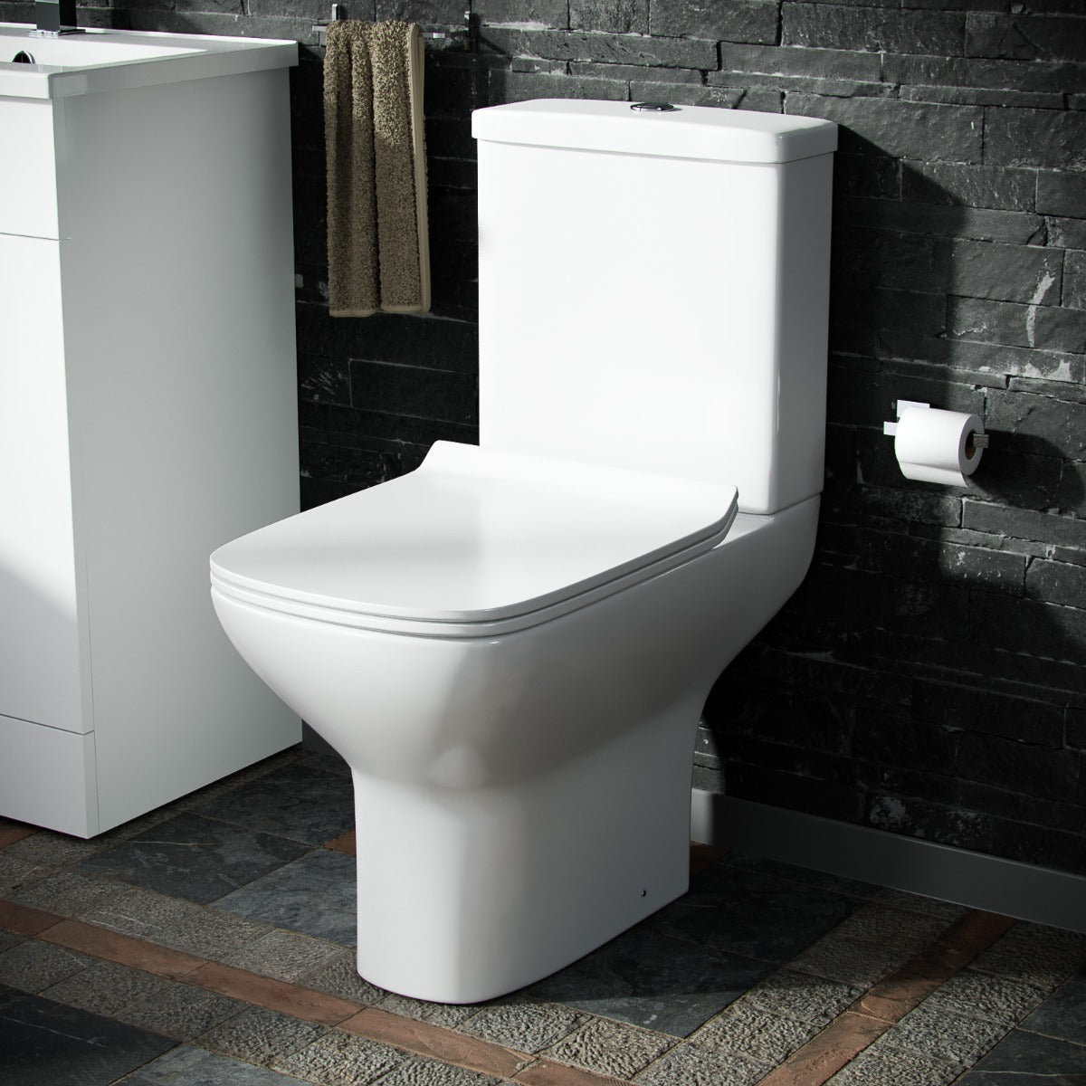 Ari Rimless Close Coupled WC Toilet Pan, Cistern and Slim Soft Close Seat