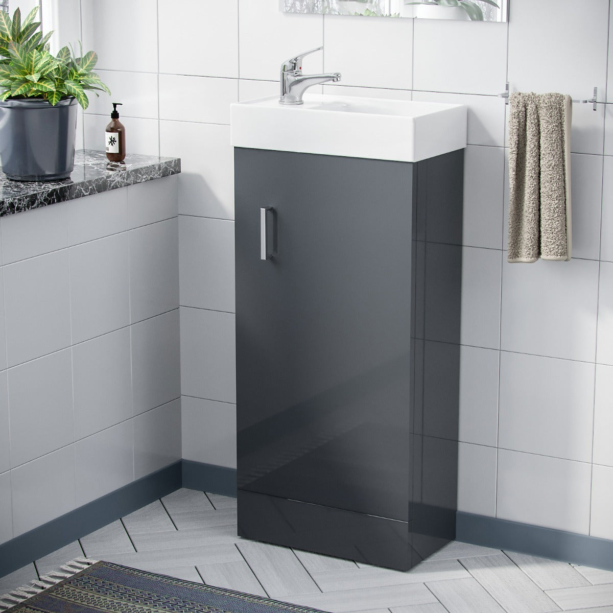 Nanuya 400mm Cloakroom Vanity Basin Unit, Mono Mixer Tap & Waste Dark Grey