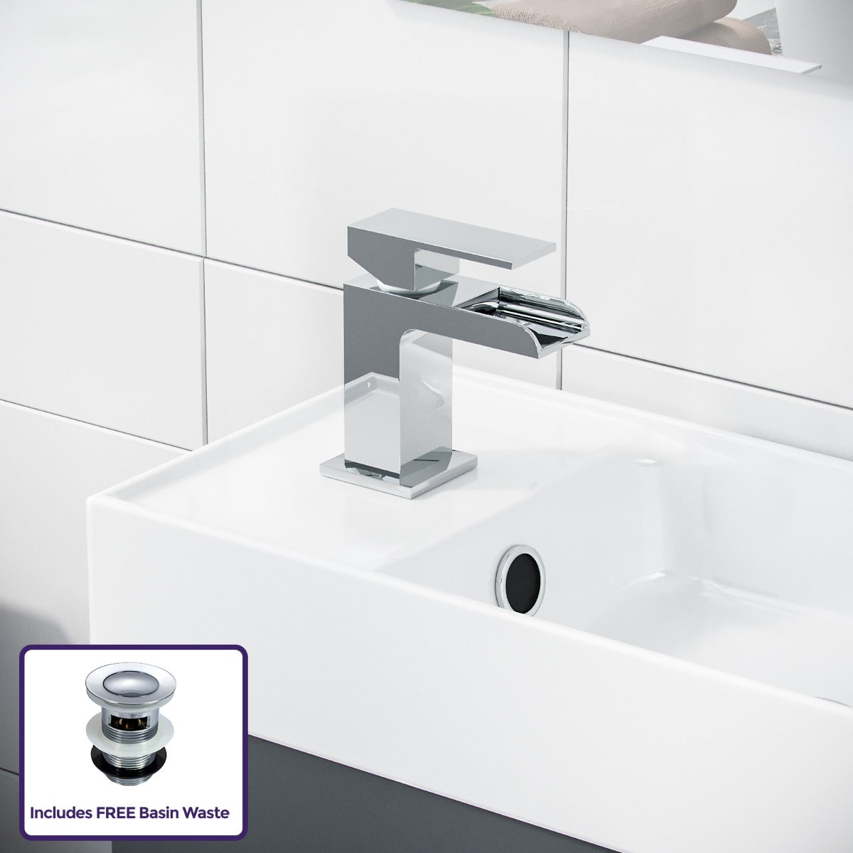 Nanuya 400mm Cloakroom Vanity Basin Unit, Waterfall Mono Mixer Tap & Waste Dark Grey