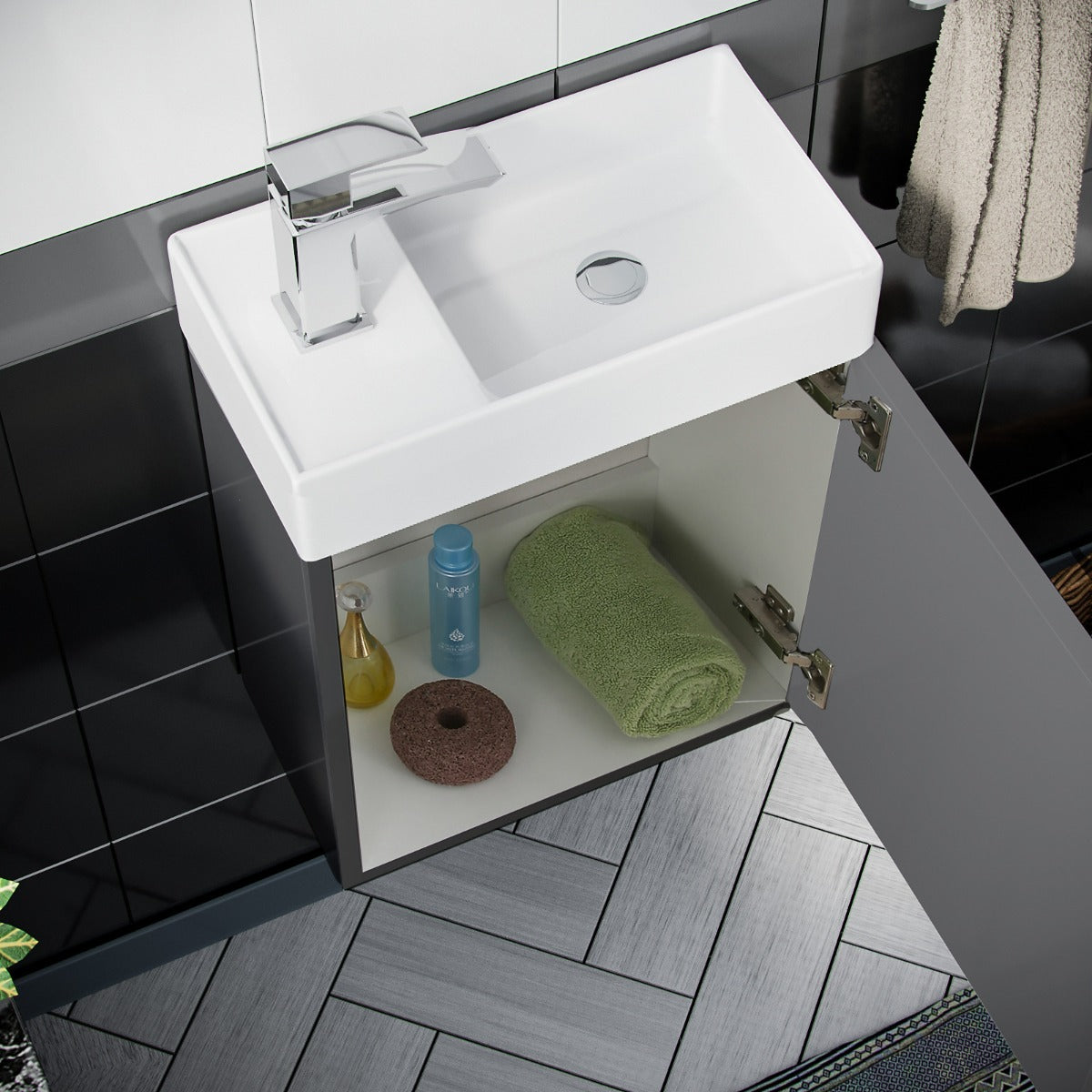 Nanuya 400mm Cloakroom Wall Hung Basin Vanity Unit & Rimless Close Coupled Toilet Dark Grey