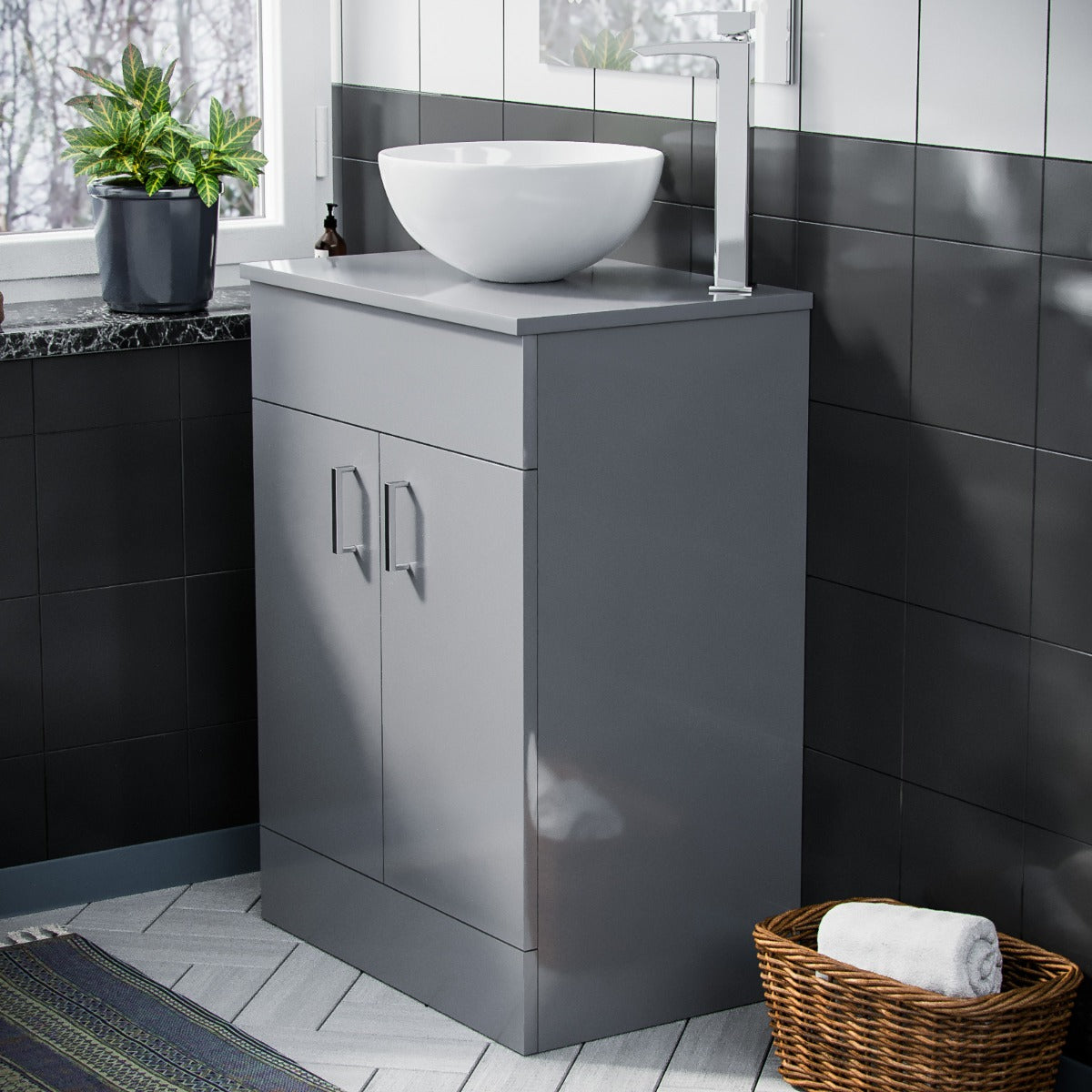 Nanuya 500mm Grey Vanity Cabinet And Round Bowl Counter Top Basin Sink Unit