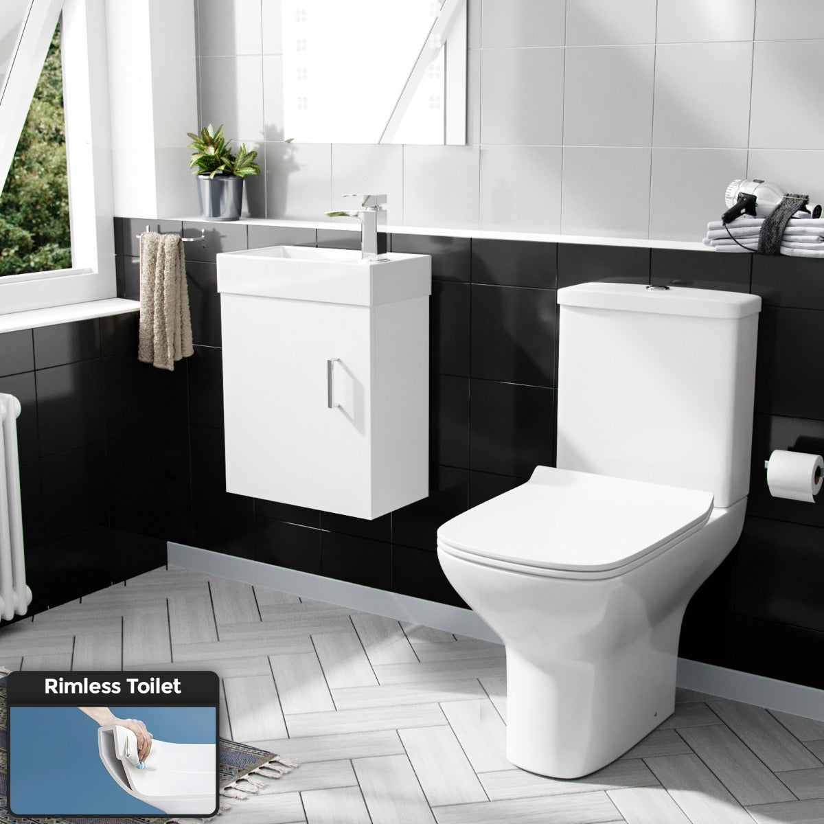 Nanuya 400mm Cloakroom Wall Hung Basin Vanity Unit & Rimless Close Coupled Toilet White