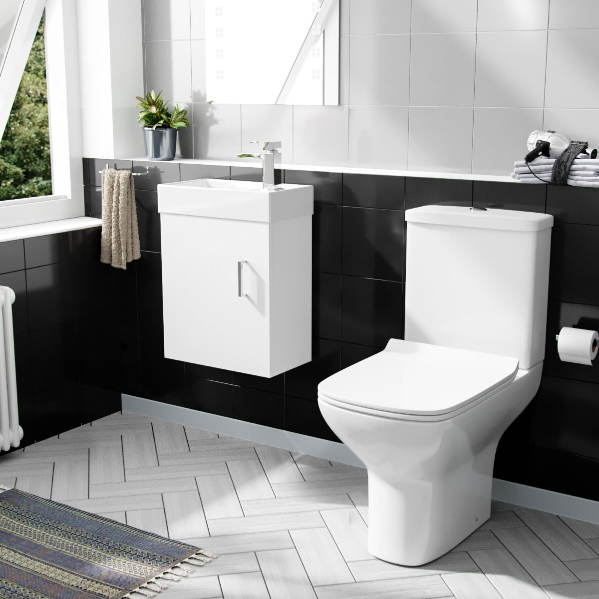 Nanuya 400mm Cloakroom Wall Hung Basin Vanity Unit & Rimless Close Coupled Toilet White