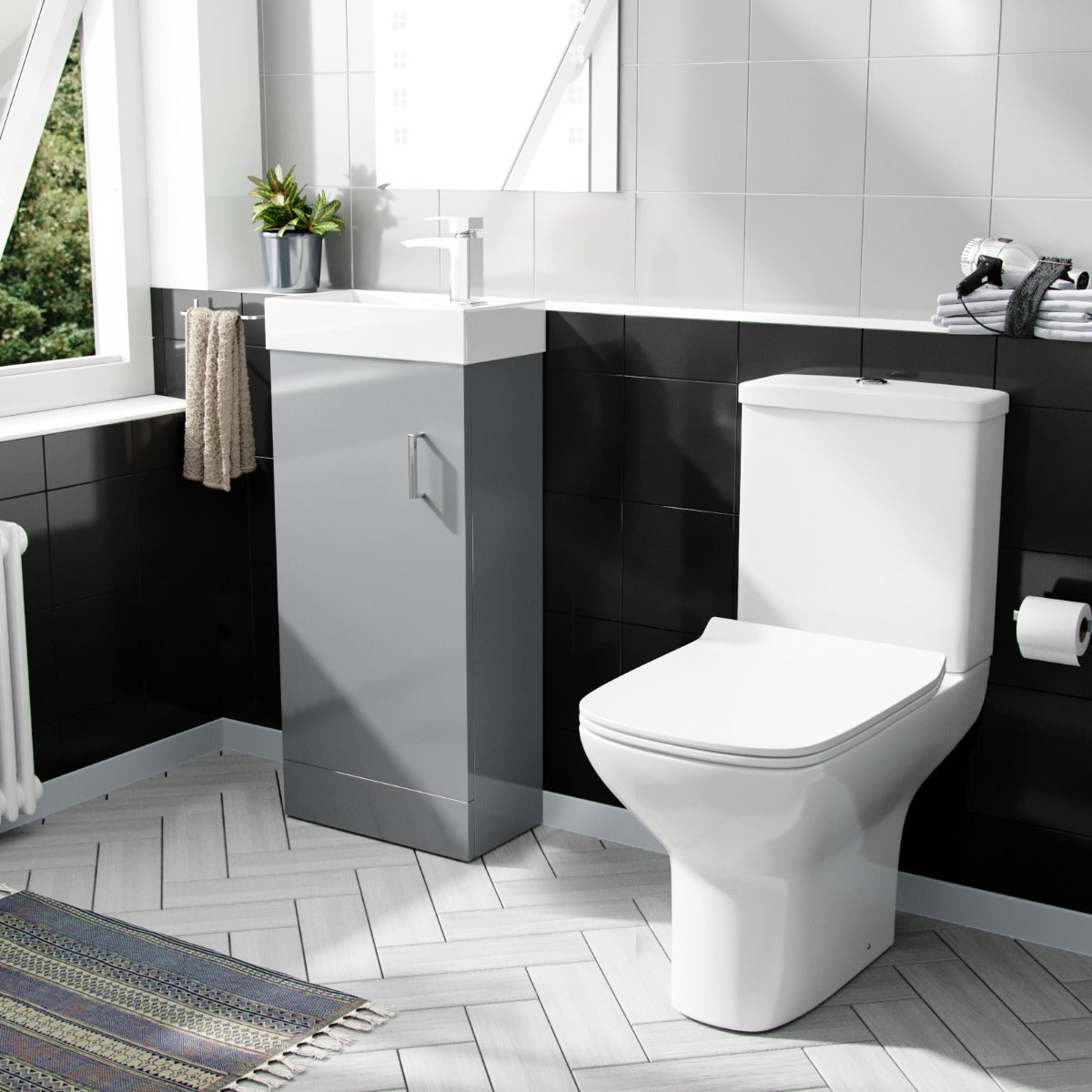 Nanuya 400mm Cloakroom Vanity Basin Unit & Rimless Close Coupled Toilet Grey