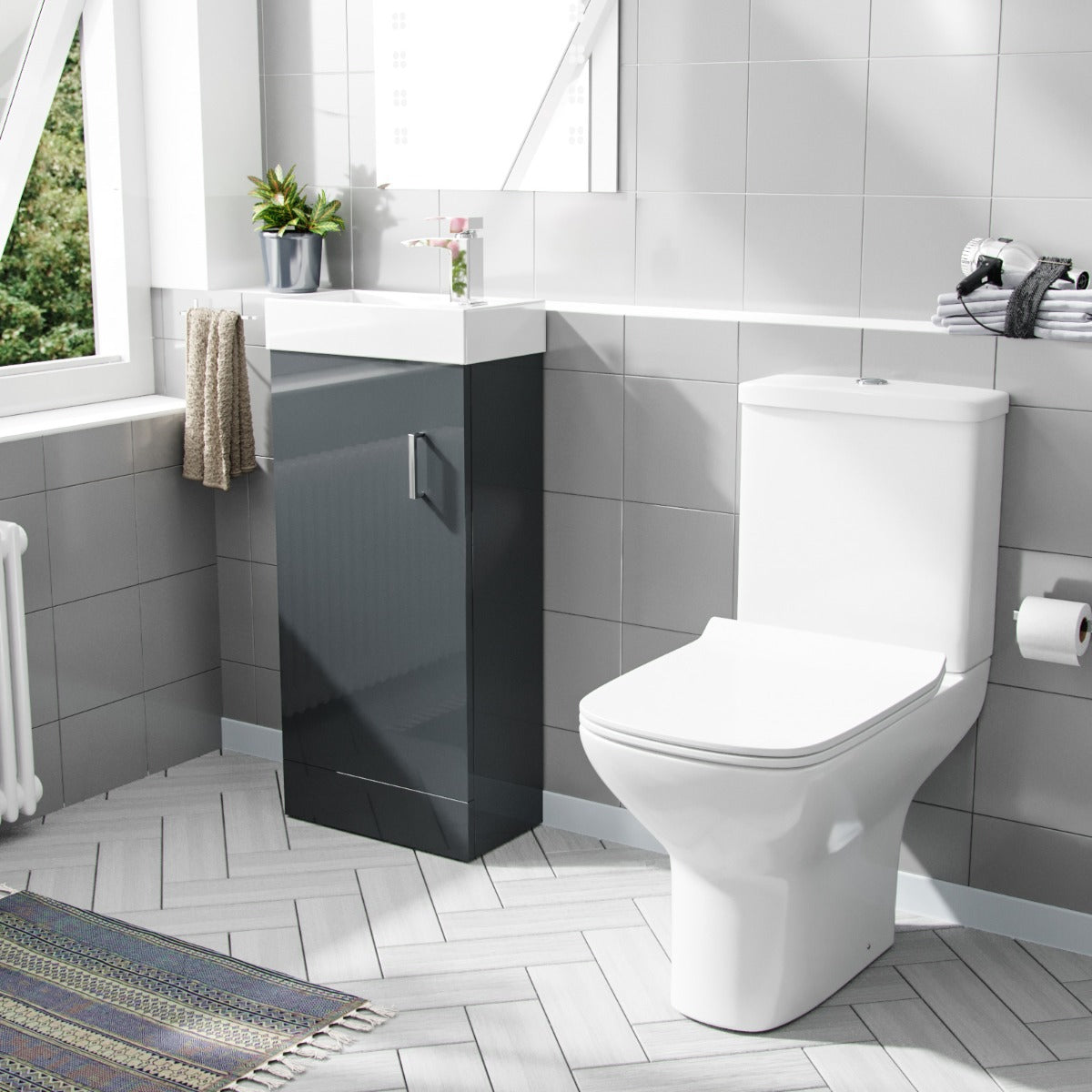 Nanuya 400mm Cloakroom Vanity Basin Unit & Rimless Close Coupled Toilet Dark Grey