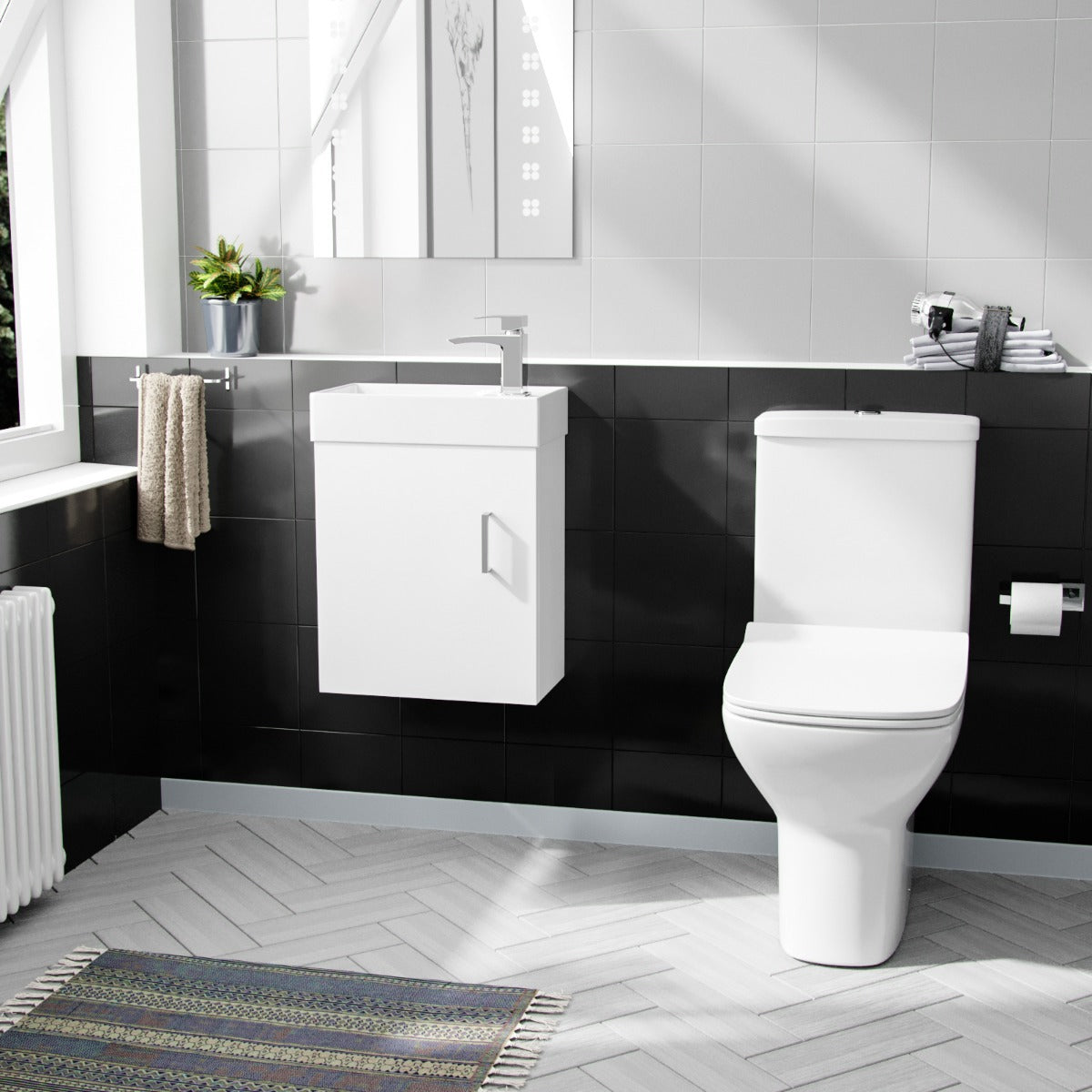 Nanuya 400mm Cloakroom Wall Hung Basin Vanity Unit & Rimless Close Coupled Toilet White