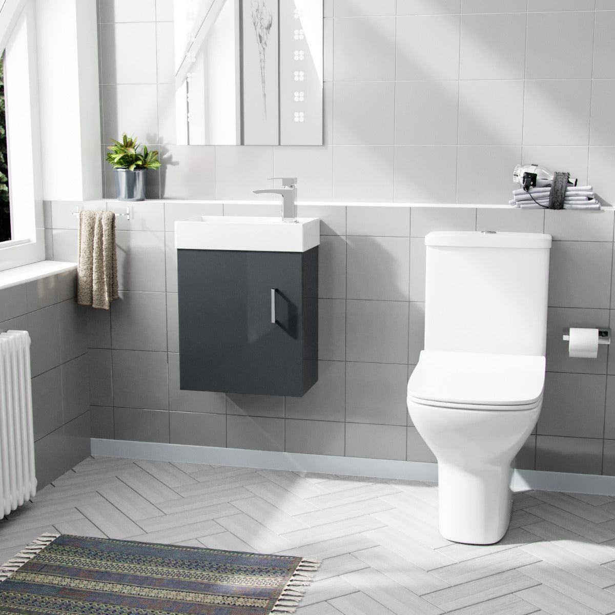Nanuya 400mm Cloakroom Wall Hung Basin Vanity Unit & Rimless Close Coupled Toilet Dark Grey