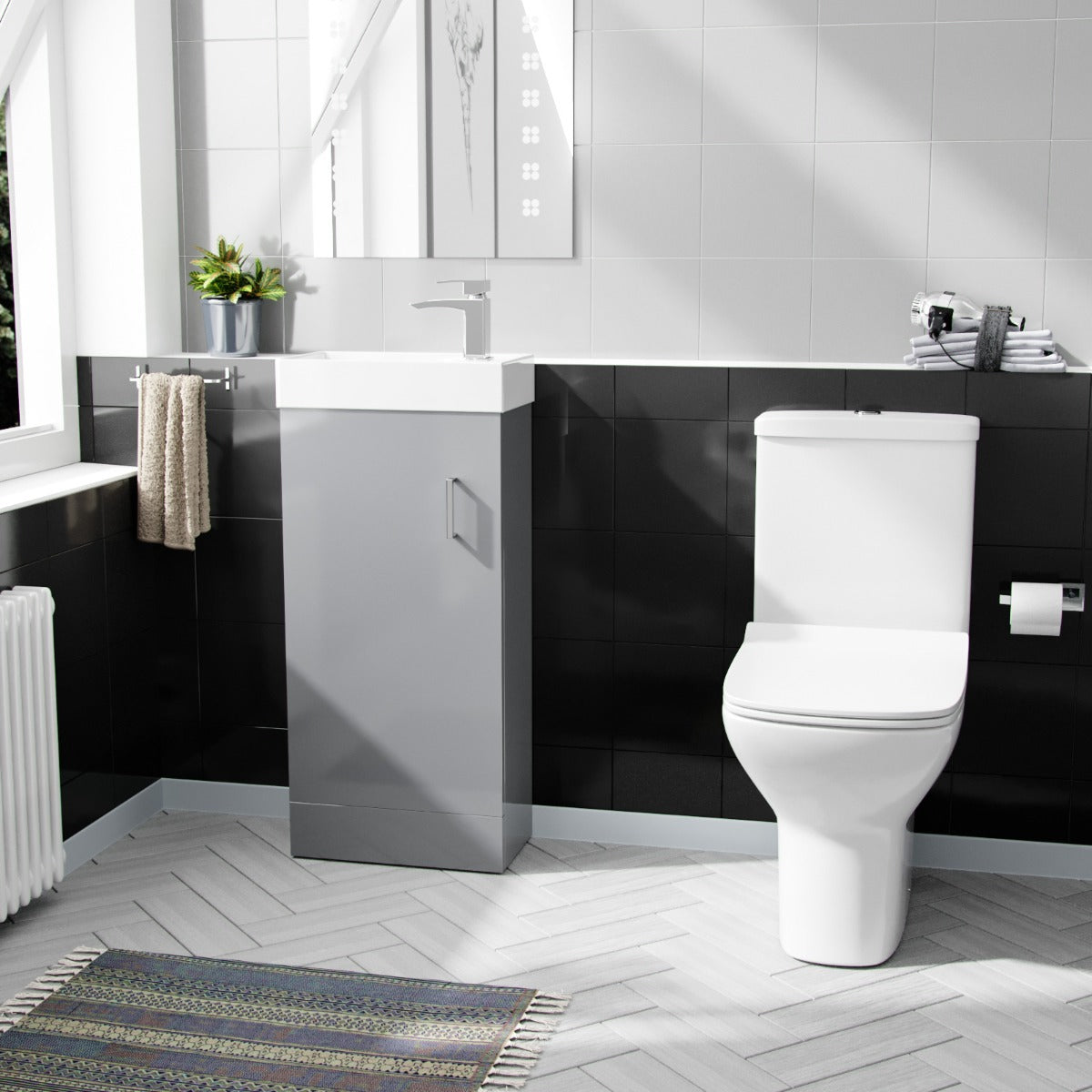 Nanuya 400mm Cloakroom Vanity Basin Unit & Rimless Close Coupled Toilet Light Grey