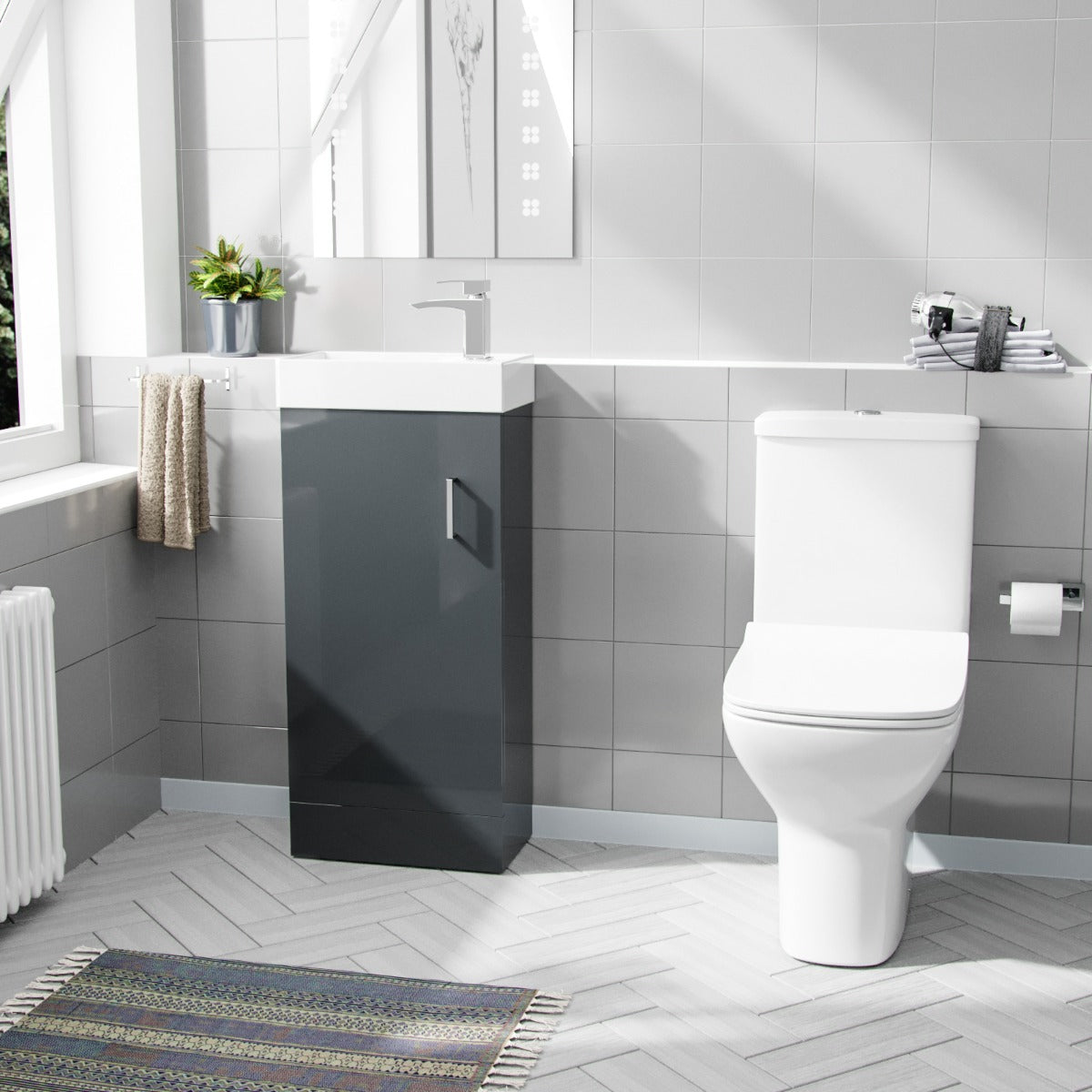 Nanuya 400mm Cloakroom Vanity Basin Unit & Rimless Close Coupled Toilet Dark Grey