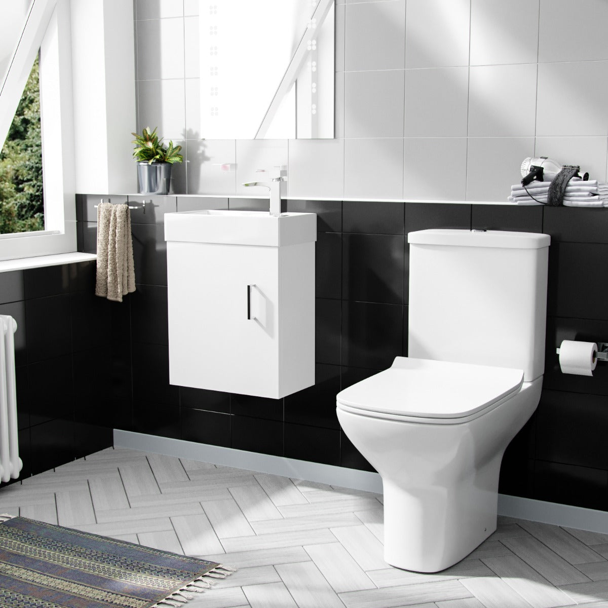 Nanuya 400mm Cloakroom Wall Hung Basin Vanity Unit & Rimless Close Coupled Toilet White