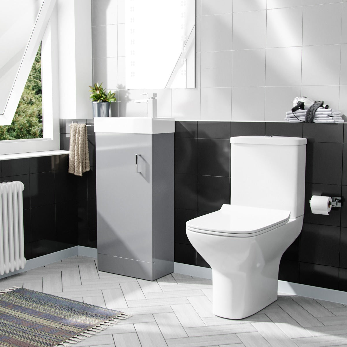 Nanuya 400mm Cloakroom Vanity Basin Unit & Rimless Close Coupled Toilet Grey