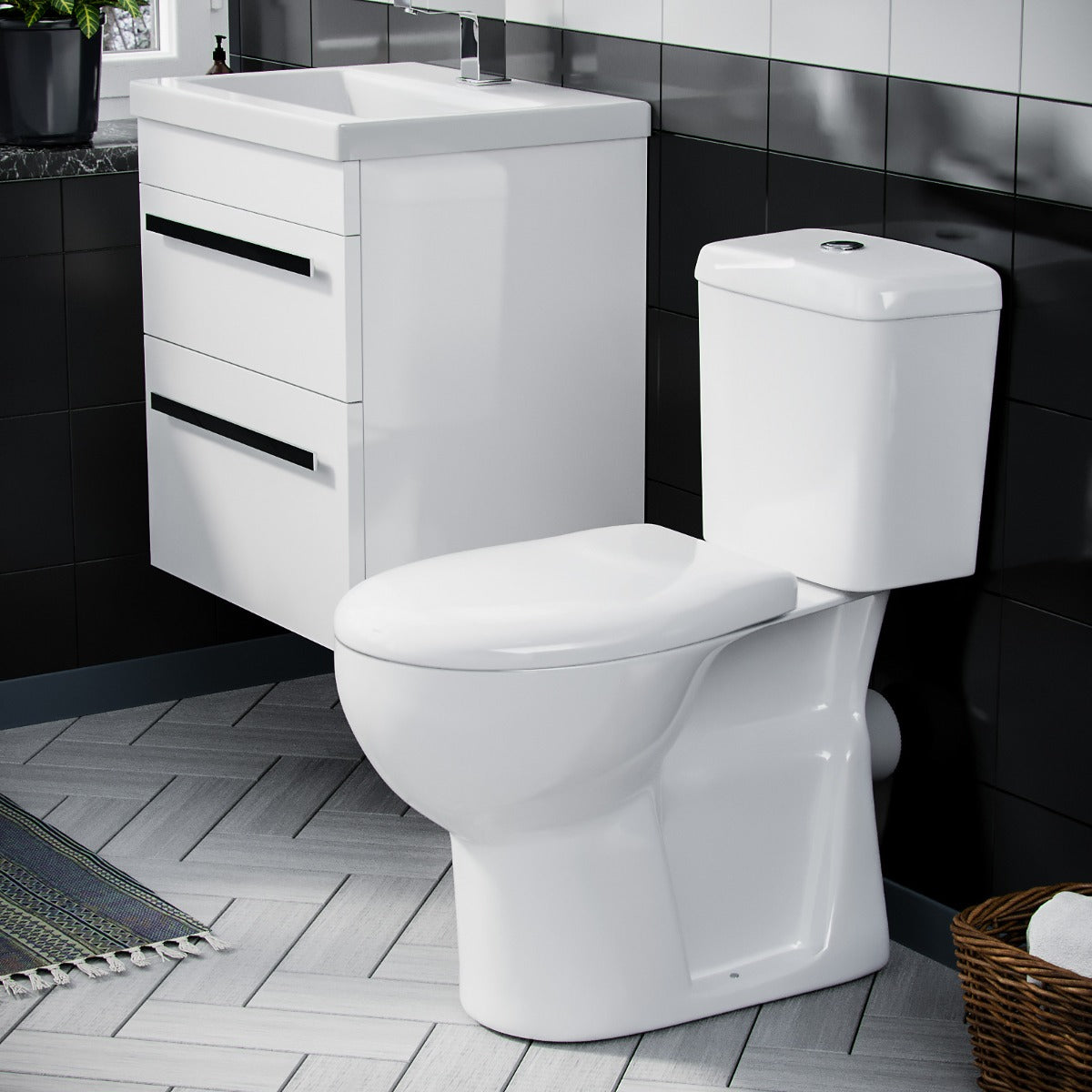 Nanuya 500mm Wall Hung 2 Drawer Vanity Unit Gloss White And Complete Toilet Set