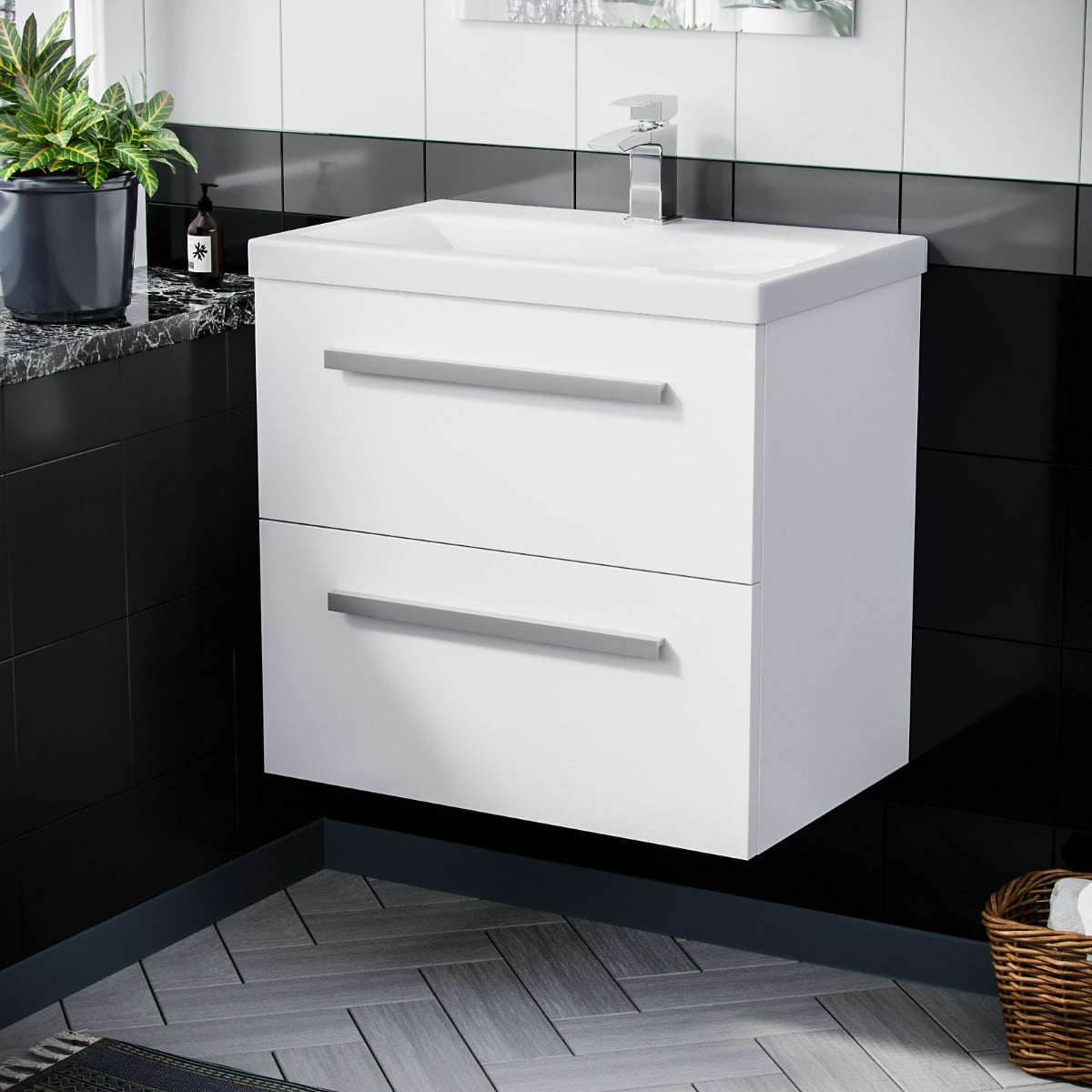 Nanuya Wall Hung 600mm 2 Drawer Vanity Cabinet and Basin Gloss White