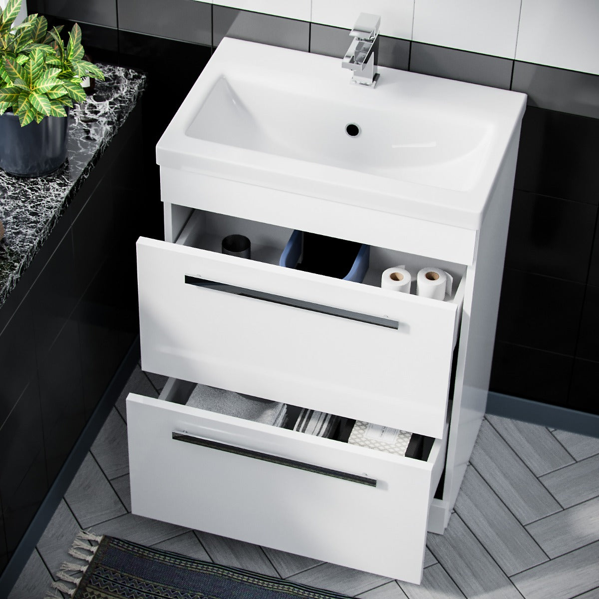 Nanuya 600mm Floorstanding 2 Drawer Vanity Basin Unit & Round Close Coupled Toilet White