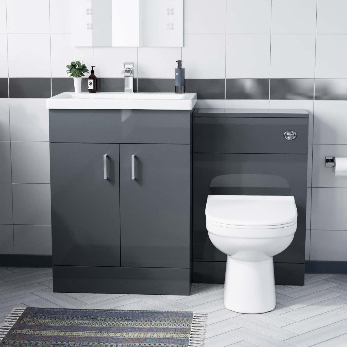 Nanuya 600mm Grey Vanity Basin, WC Unit & Elso Back to Wall