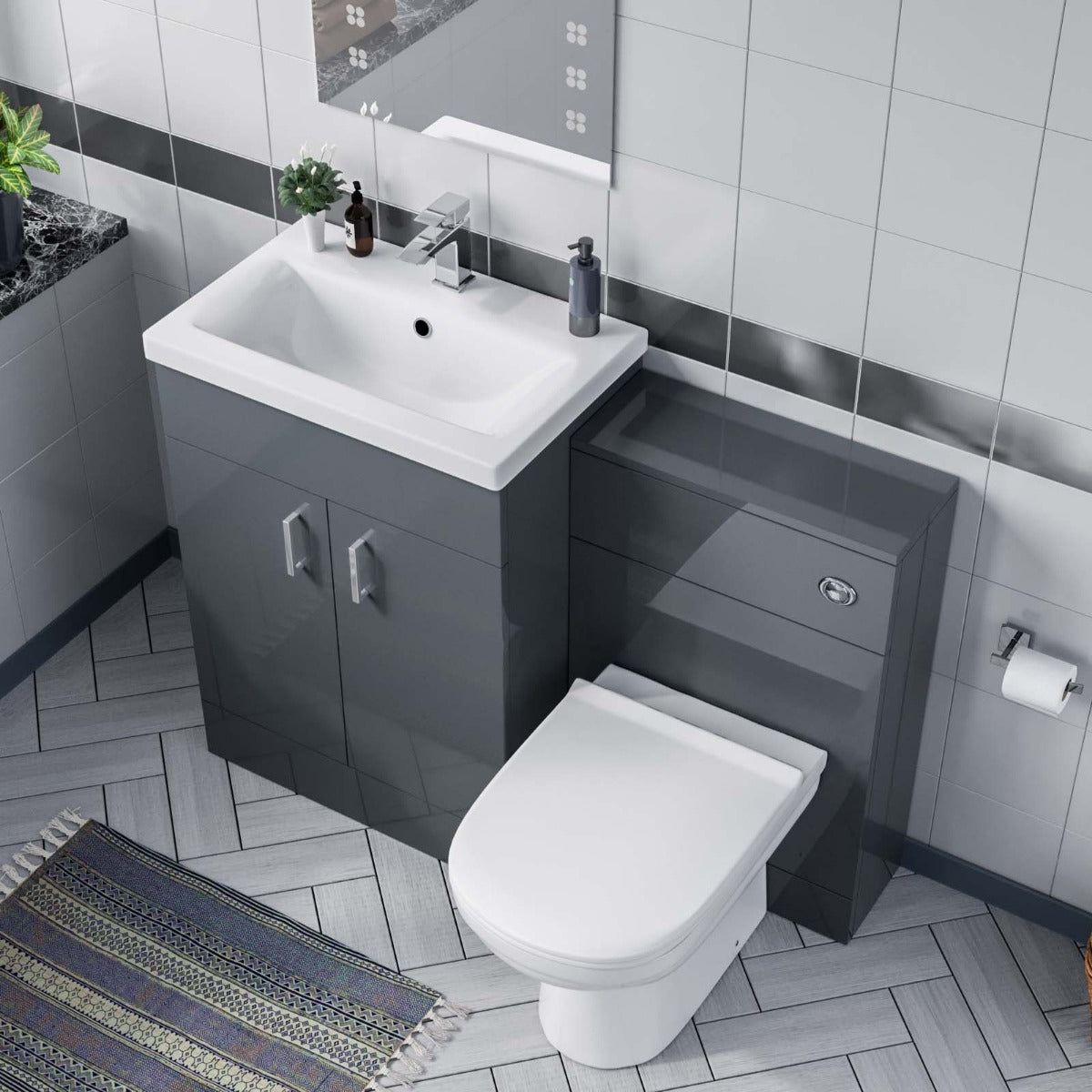 Nanuya 600mm Grey Vanity Basin, WC Unit & Elso Back to Wall