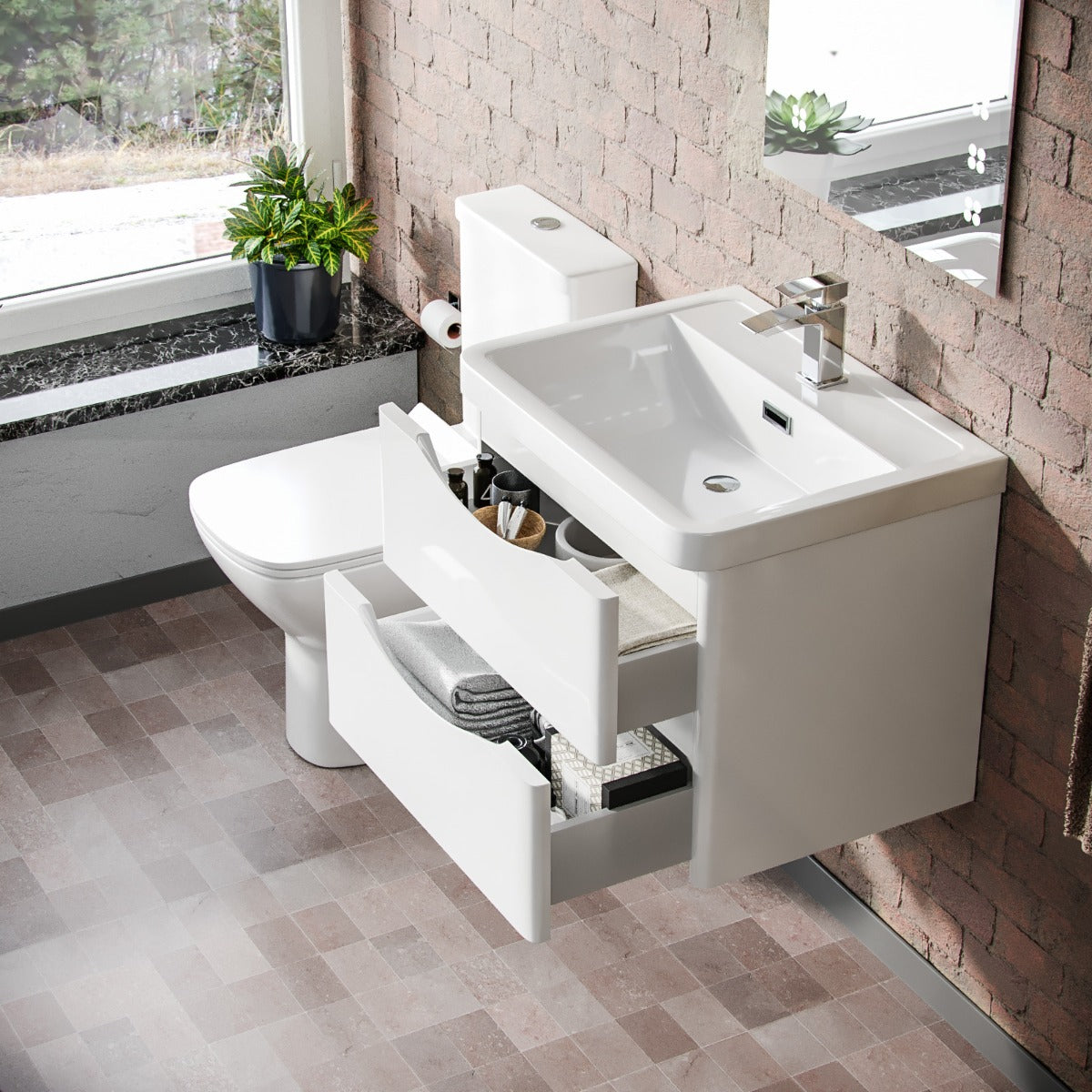 Merton 500mm Wall Hung Flat Pack Vanity Basin Unit & Close Coupled Toilet White