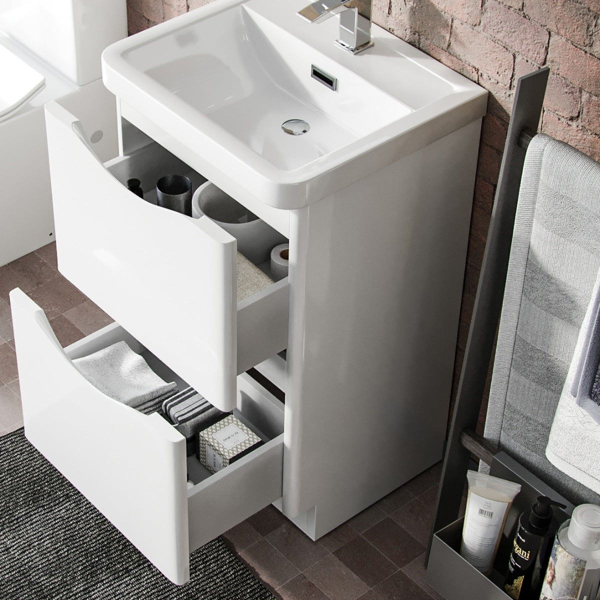 Merton 500mm 2 Drawer Vanity Basin Unit, WC Unit & Chem Back to Wall Toilet White