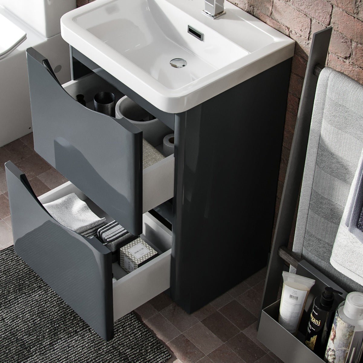 Merton 500mm 2 Drawer Vanity Basin Unit, WC Unit & Elso Back to Wall Toilet Grey