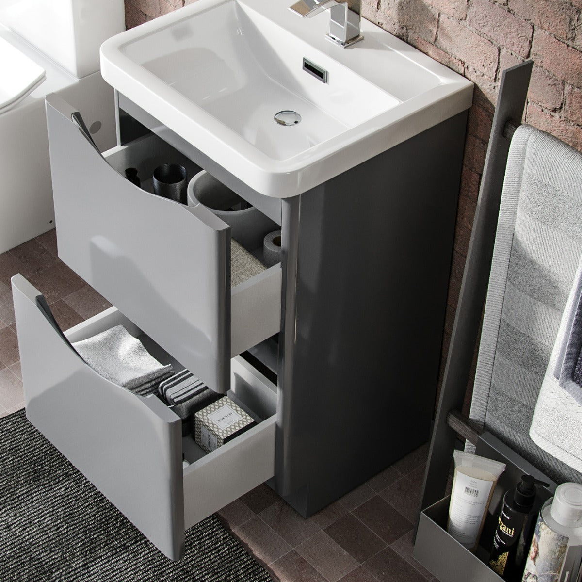 Merton 500mm 2 Drawer Vanity Basin Unit, WC Unit & Chem Back to Wall Toilet Steel Grey