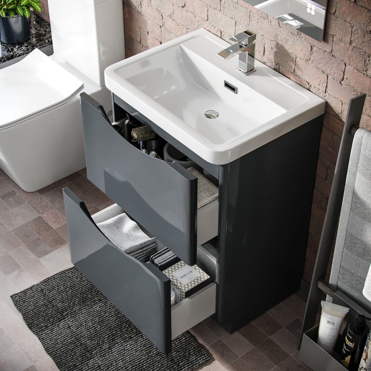 Merton Dark Grey Basin Sink Flat Pack Vanity Unit and Basin Tap & Waste Set
