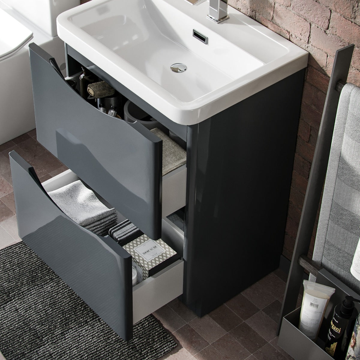 Merton 600mm Vanity Basin Unit, WC Unit & Chem Back To Wall Toilet Dark Grey