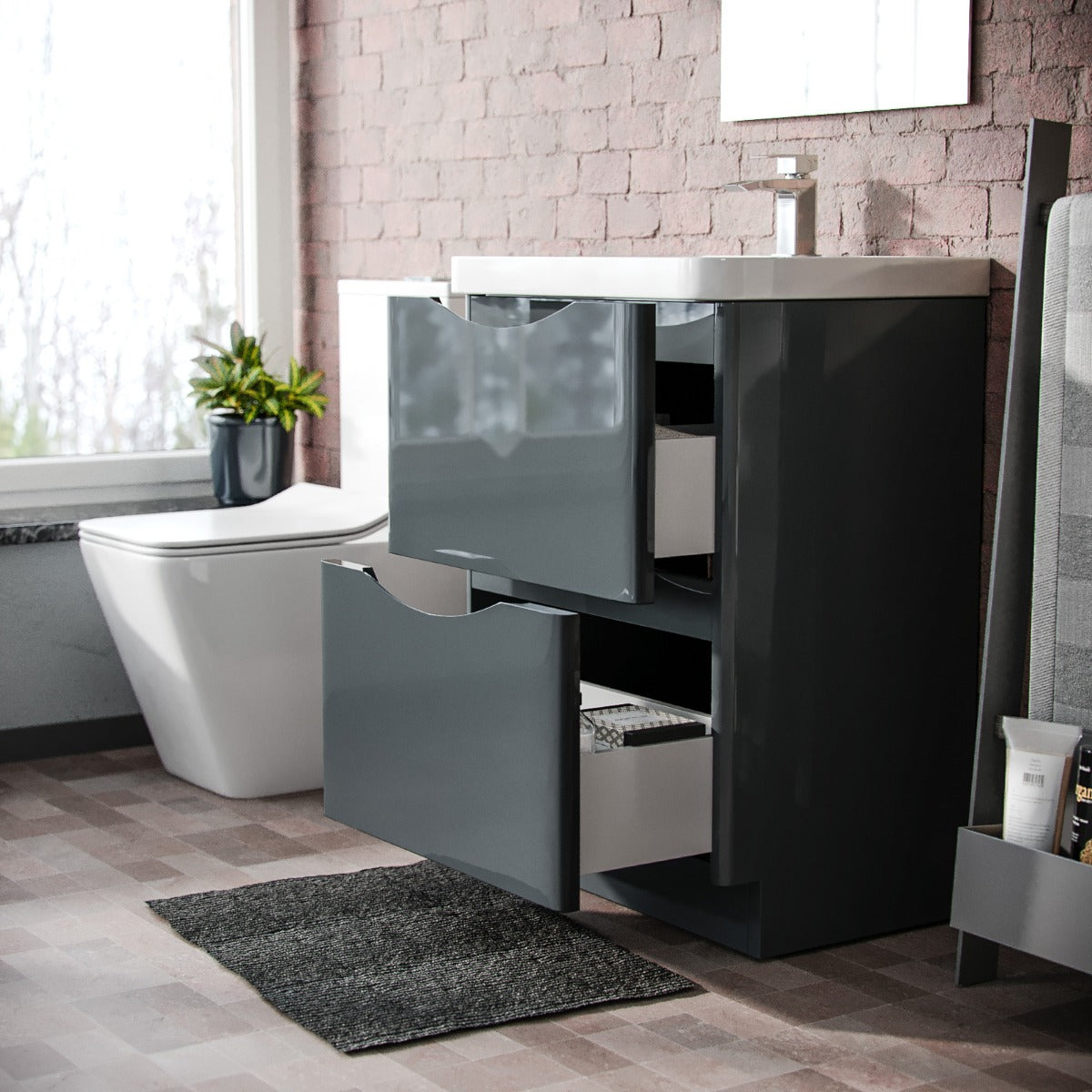 Merton Dark Grey Basin Sink Flat Pack Vanity Unit and Basin Tap & Waste Set