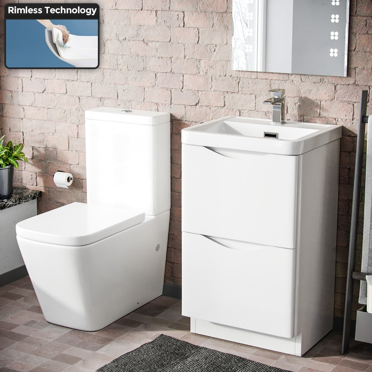 Merton 500mm Freestanding Flat Pack Vanity Basin Unit & Square Rimless Close Coupled Toilet White