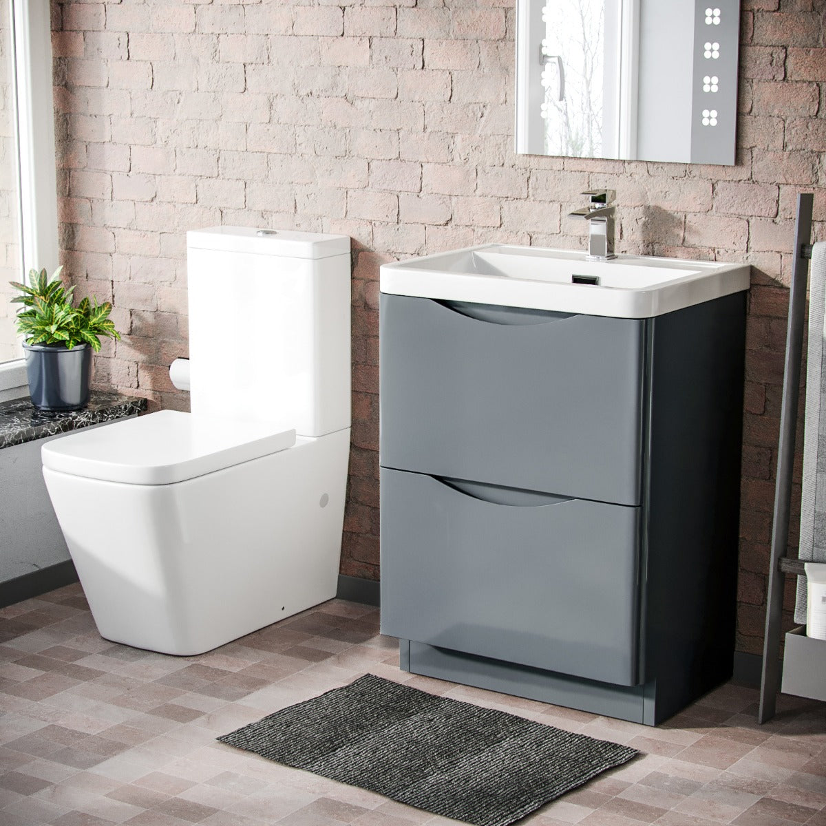 Merton 600mm Freestanding Flat Pack Vanity Basin Unit & Square Rimless Close Coupled Toilet Grey