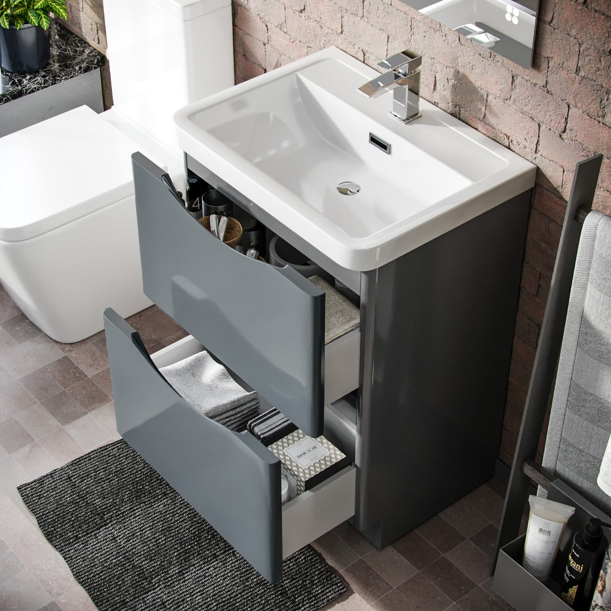 Merton 600mm Freestanding Flat Pack Vanity Basin Unit & Square Rimless Close Coupled Toilet Grey