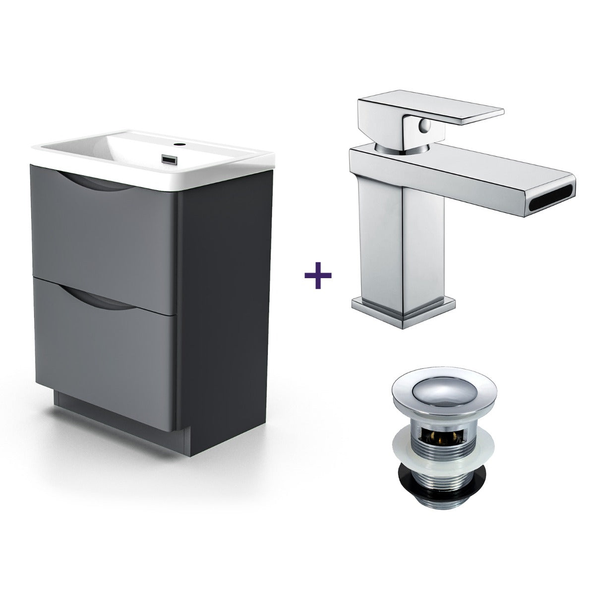 Merton Dark Grey Basin Sink Flat Pack Vanity Unit and Basin Tap & Waste Set