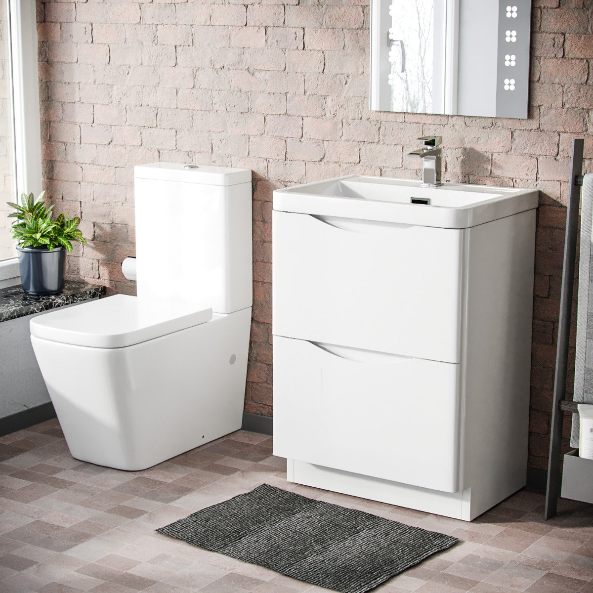 Merton 600mm Freestanding Vanity Basin Unit & Square Rimless Close Coupled Toilet White
