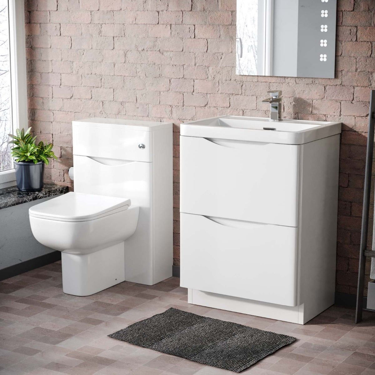 Merton 600mm 2 Drawer Basin Vanity Cabinet, WC Unit & Back to Wall Toilet Set