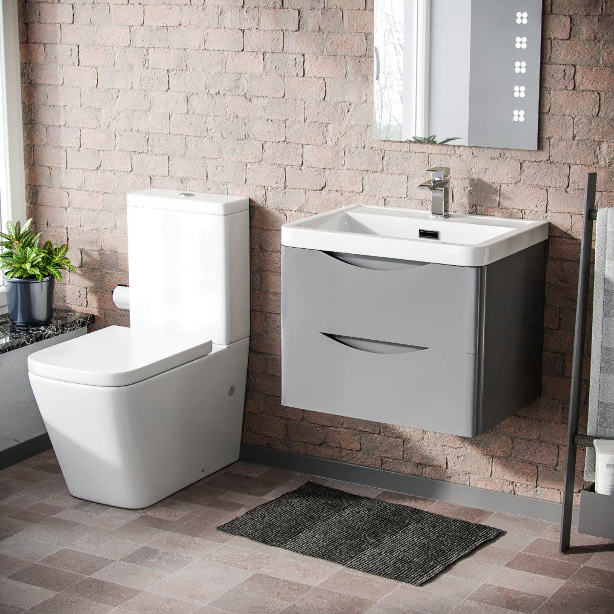 Merton 600mm Wall Hung Vanity Basin Unit & Square Rimless Close Coupled Toilet Grey