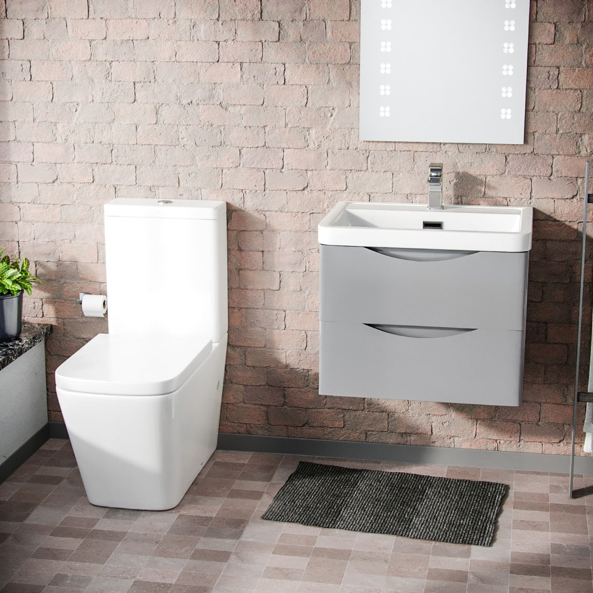 Merton 600mm Wall Hung Vanity Basin Unit & Square Rimless Close Coupled Toilet Grey