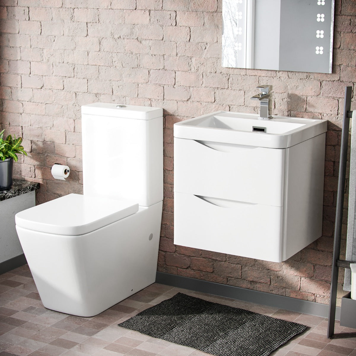 Merton 500mm Wall Hung Vanity Basin Unit & Square Rimless Close Coupled Toilet White Gloss
