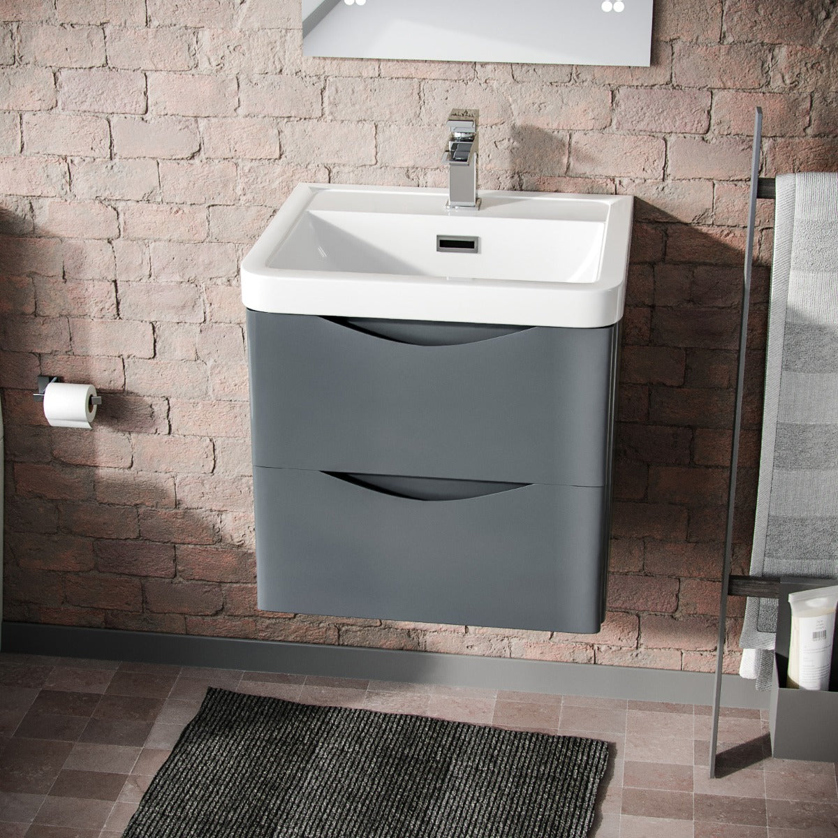 Merton 500mm Wall Hung Vanity Basin Unit & Square Rimless Close Coupled Toilet Grey