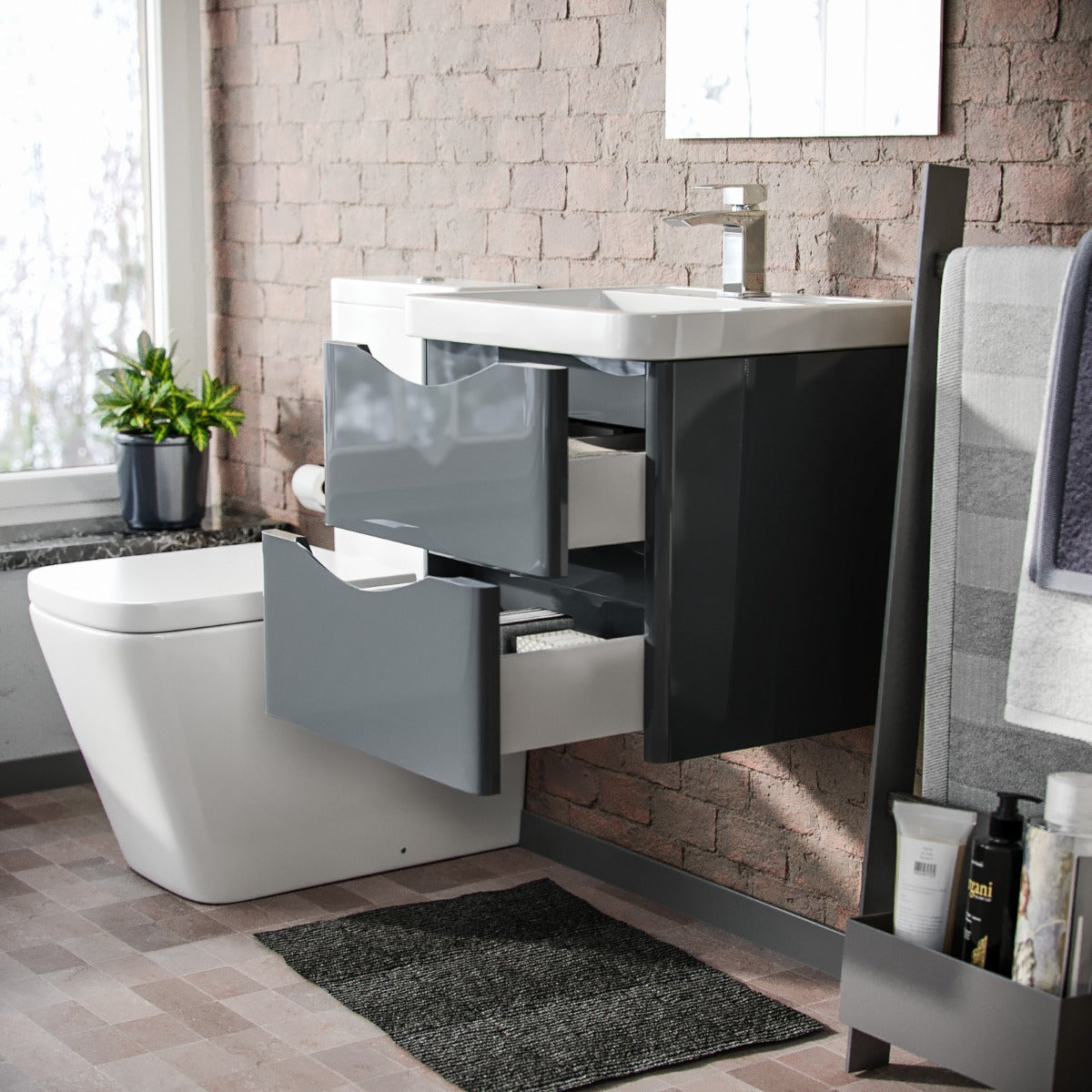 Merton 500mm Wall Hung Vanity Basin Unit & Square Rimless Close Coupled Toilet Grey