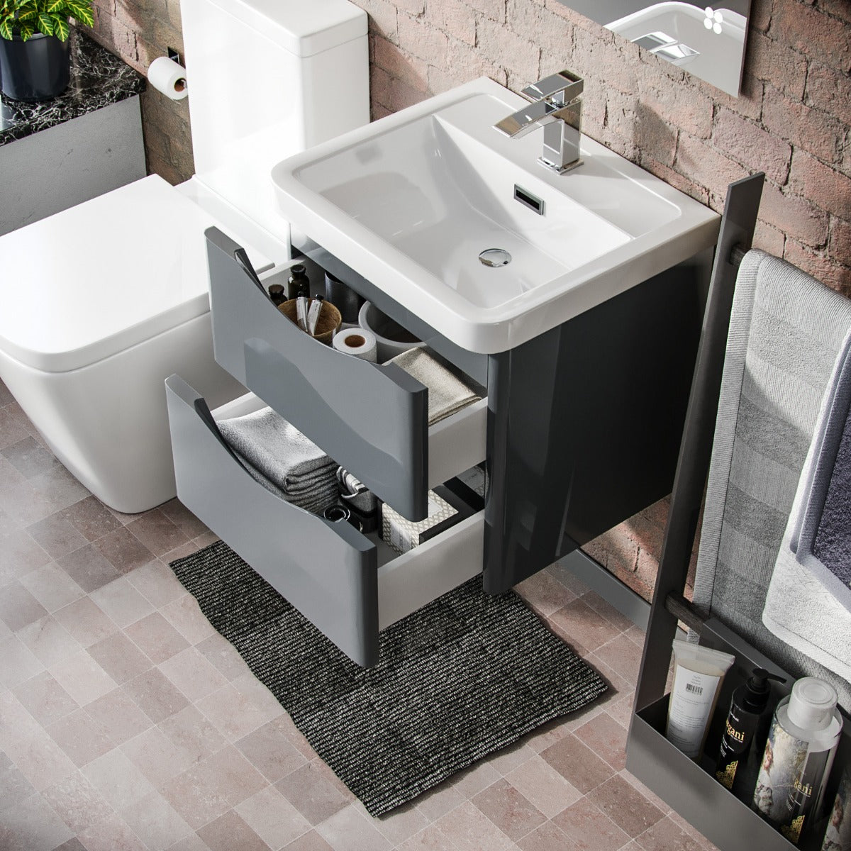 Merton 500mm Wall Hung Vanity Basin Unit & Square Rimless Close Coupled Toilet Grey