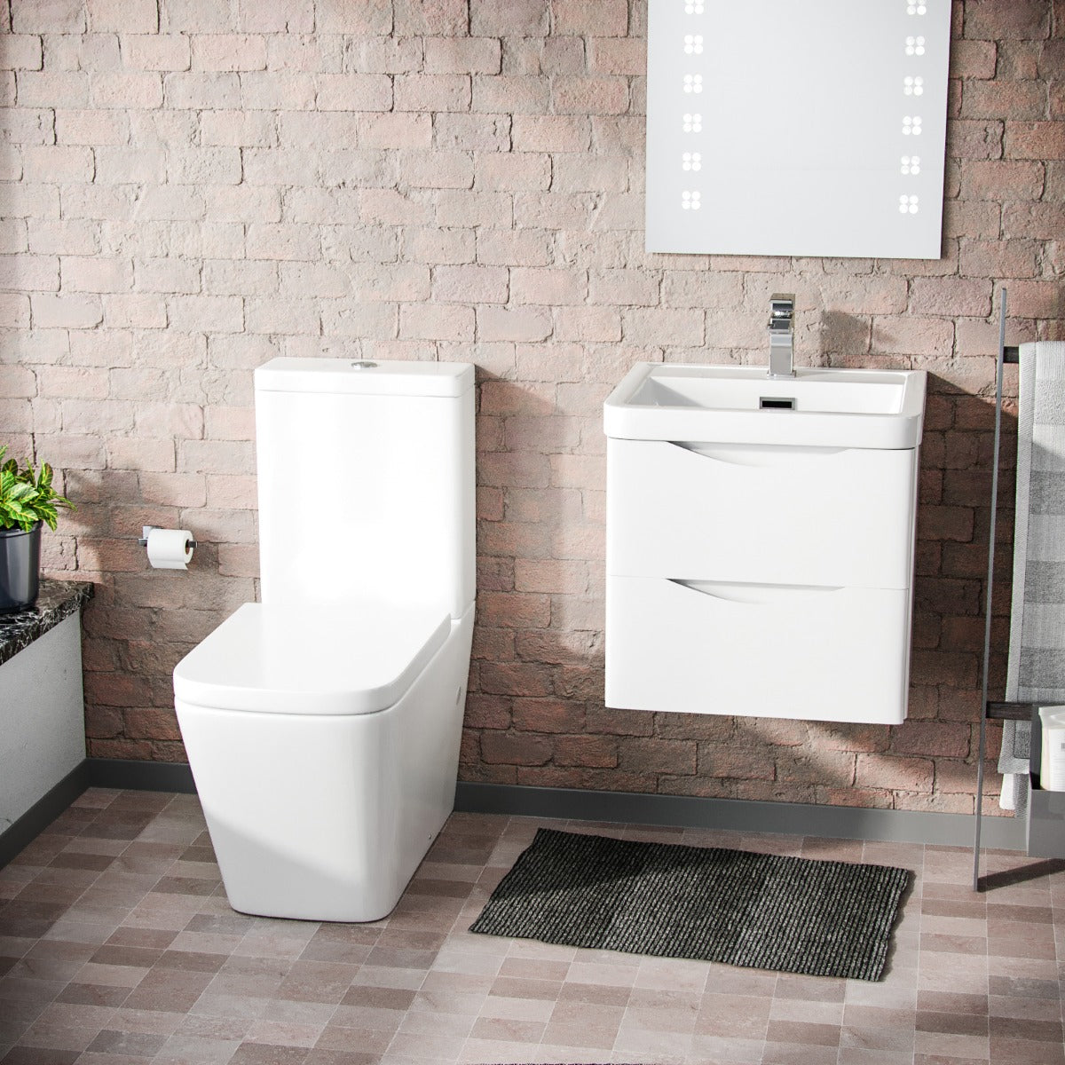 Merton 500mm Wall Hung Vanity Basin Unit & Square Rimless Close Coupled Toilet White Gloss