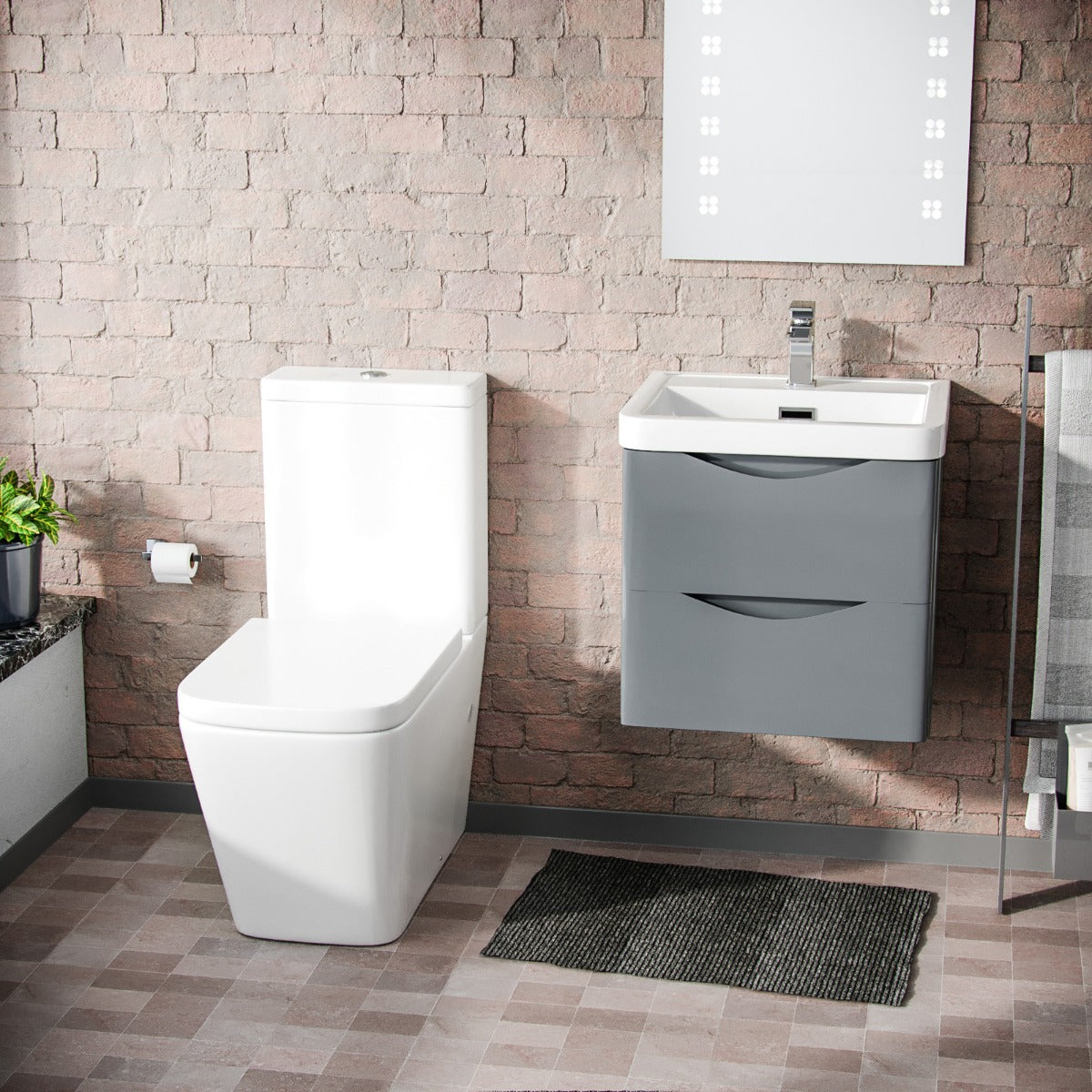 Merton 500mm Wall Hung Vanity Basin Unit & Square Rimless Close Coupled Toilet Grey