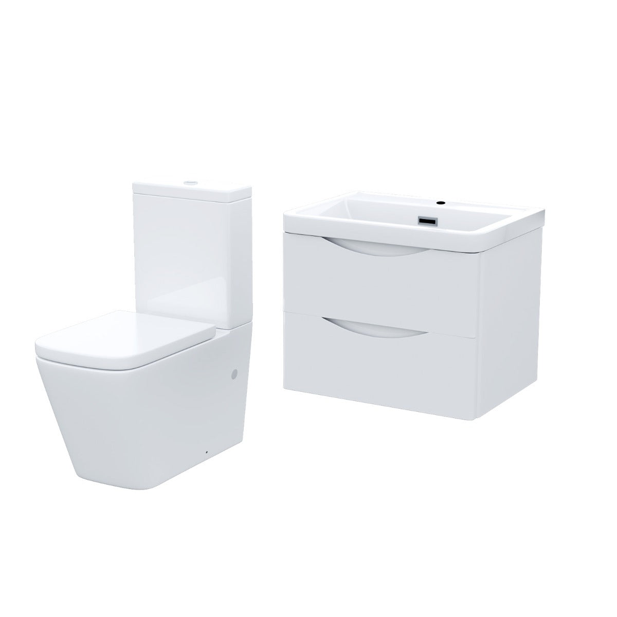 Merton 600mm Wall Hung Flat Pack Vanity Basin Unit & Square Rimless Close Coupled Toilet White Gloss