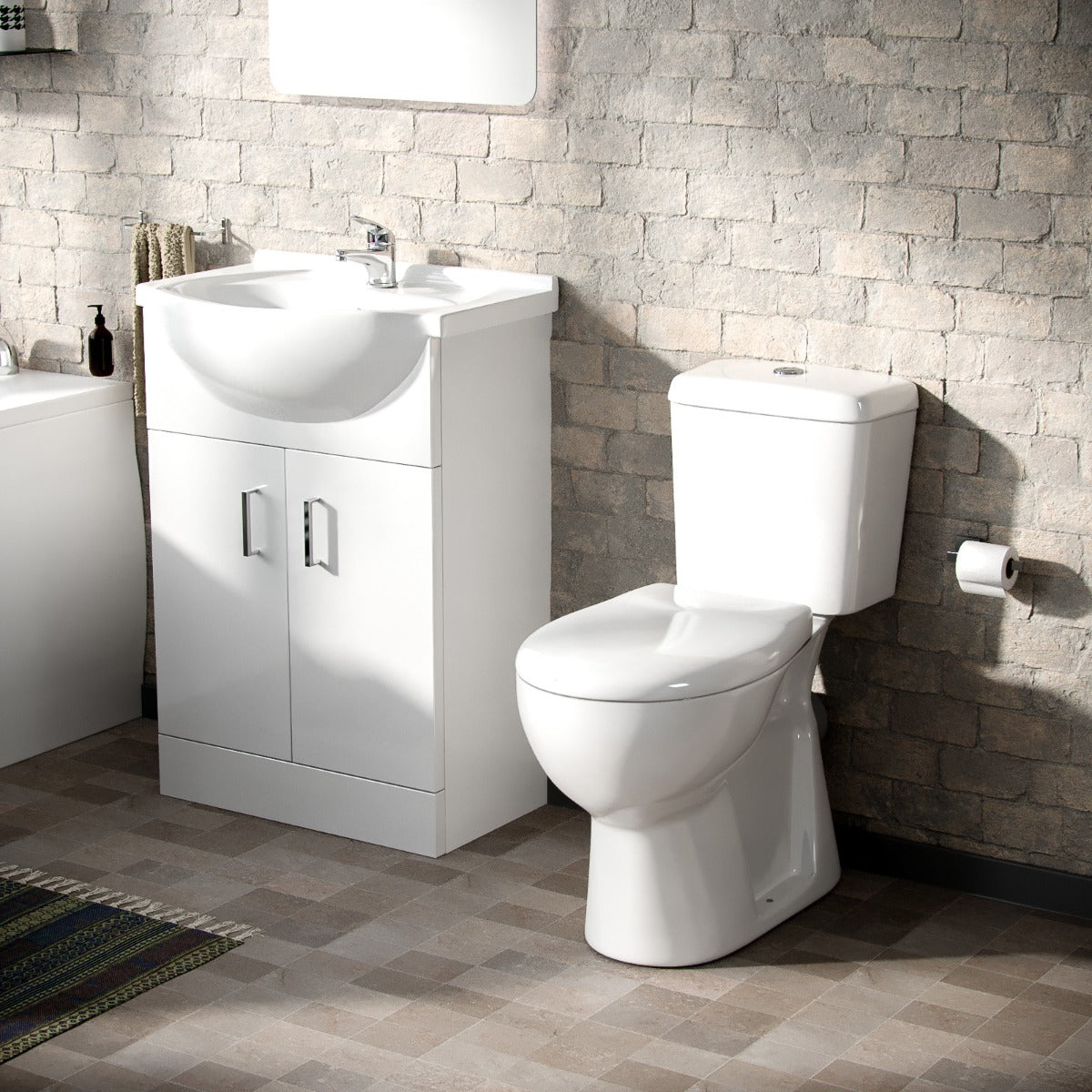 Memphis FP 3-Piece Bathroom Suite White - Close Coupled Toilet, 550mm Basin Vanity Unit and Round Bath Tub