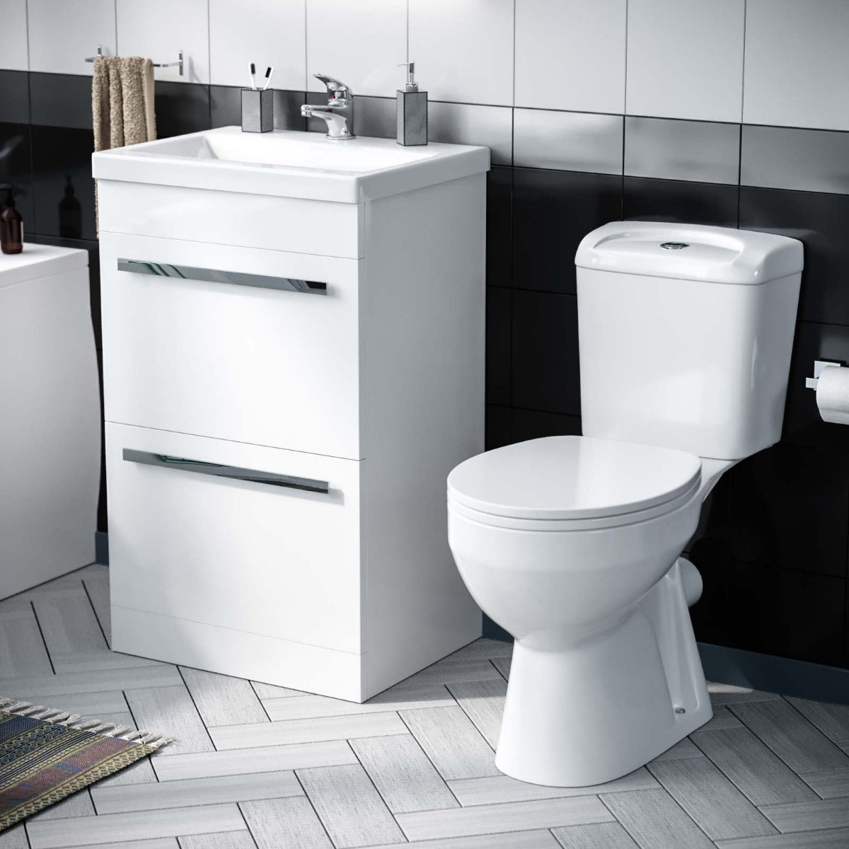 Nanuya 1700mm Bath, Close Coupled Toilet & 500 mm 2 Drawer Vanity Basin Cabinet